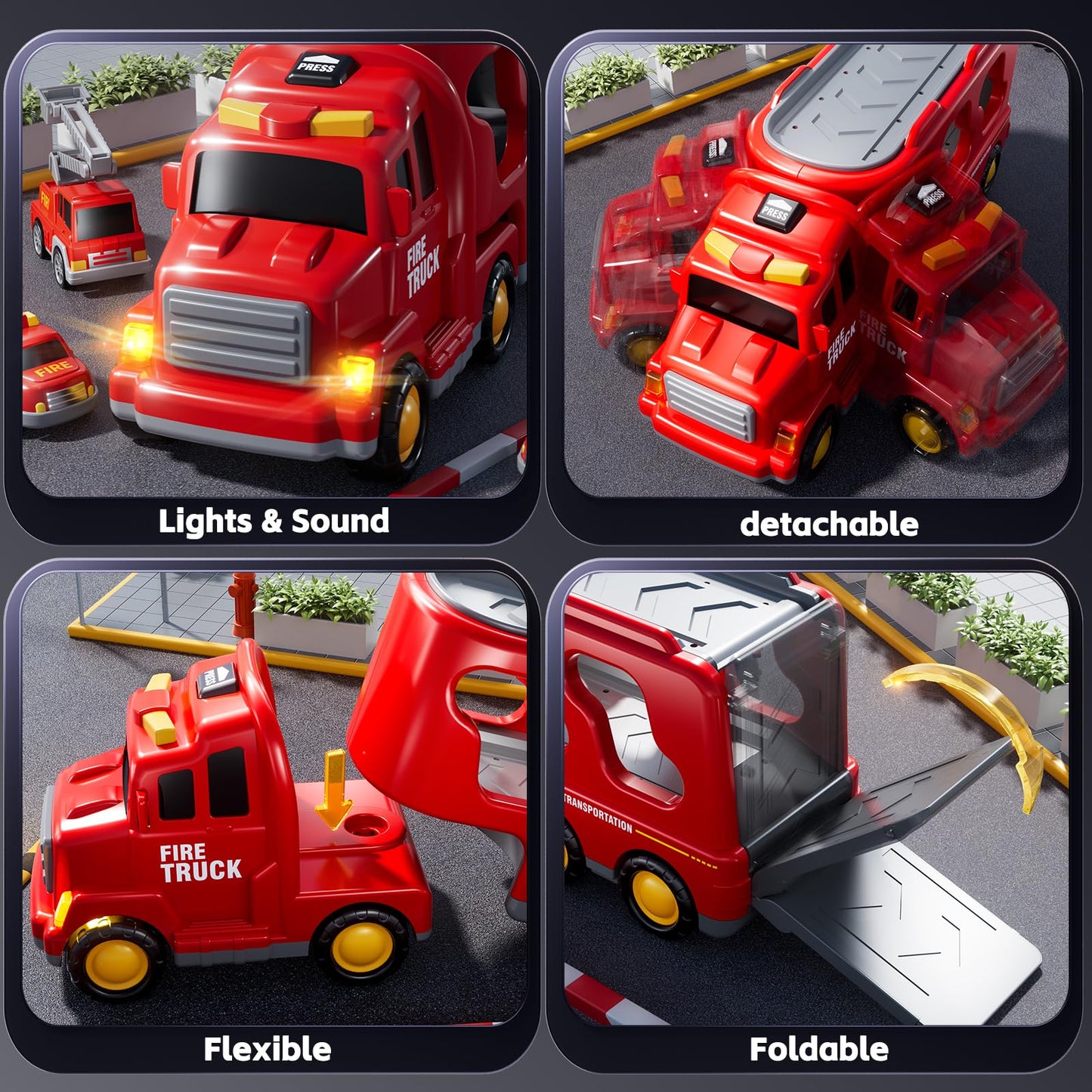 KIZONLY Fire Truck Toys for Toddler 1-3 3-5, 7-in-1 Fire Car Carrier Vehicle Set for Girls 1 2 3 4 5 6 Years Old, Transport Car with Light Sound, Birthdays Gifts for Kids Girls Aged 3-9