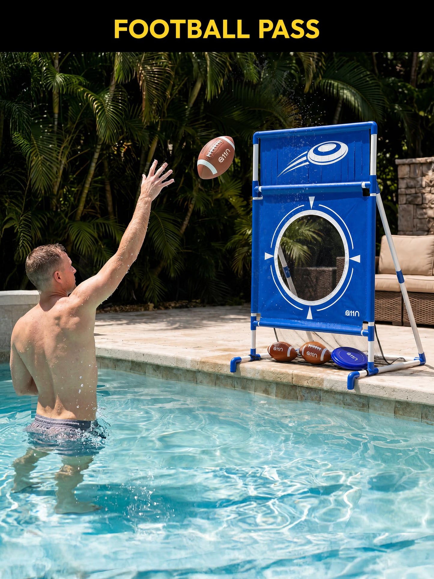 A11N SPORTS Poolside Target Game Set - 2-in-1 Outdoor Swimming Pool Toss Toy with Flying Discs & Foam Footballs, Backyard Water Party Games for Kids & Adults, Summer Fun Activities