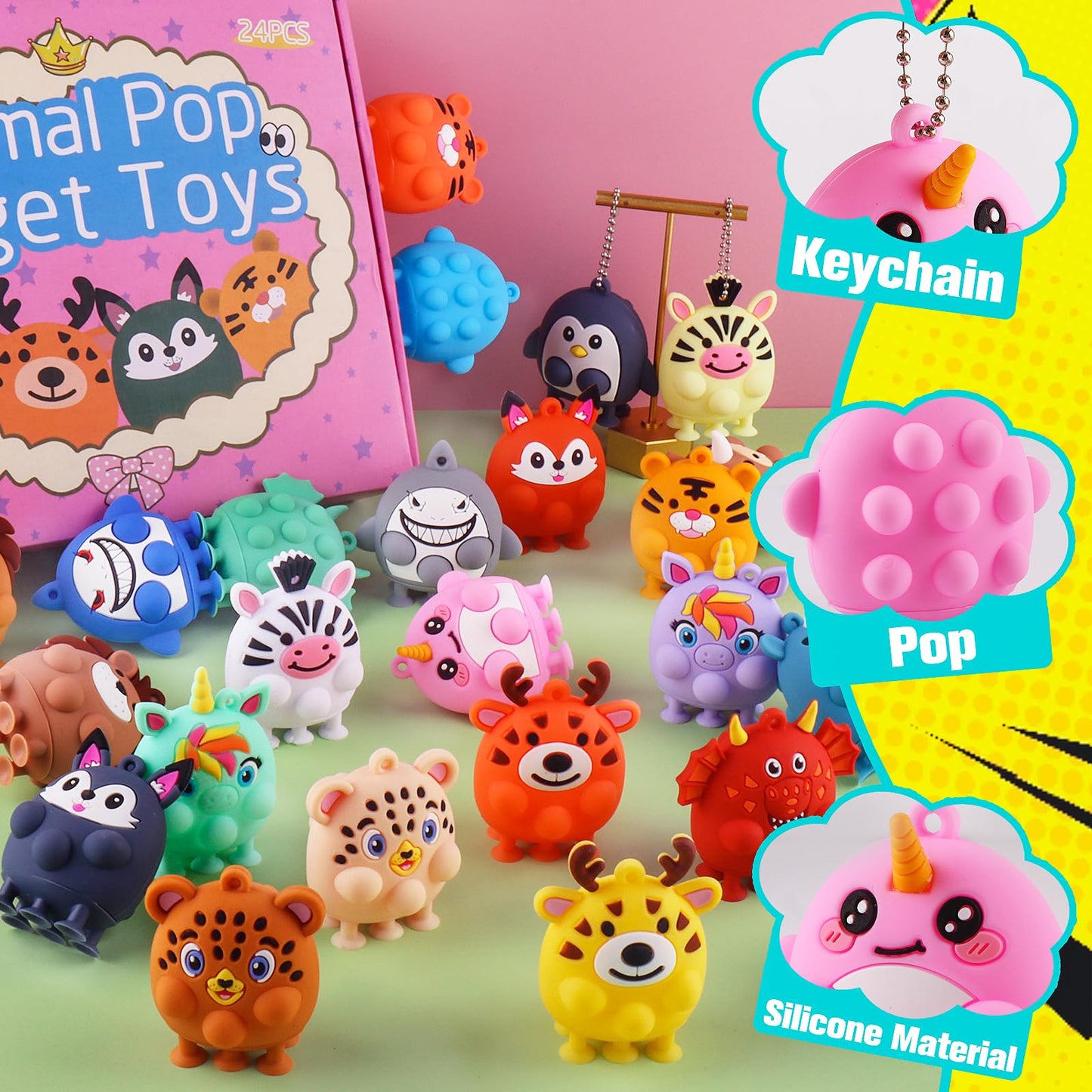 ChildFun 24 PCS Party Favors for Kids, Silicone Animal Pop Fidget Toys with Suction, Birthday Gifts for Boy Girls, Treasure Box Toys, Goodie Bag Stuffers, Prizes for Kids