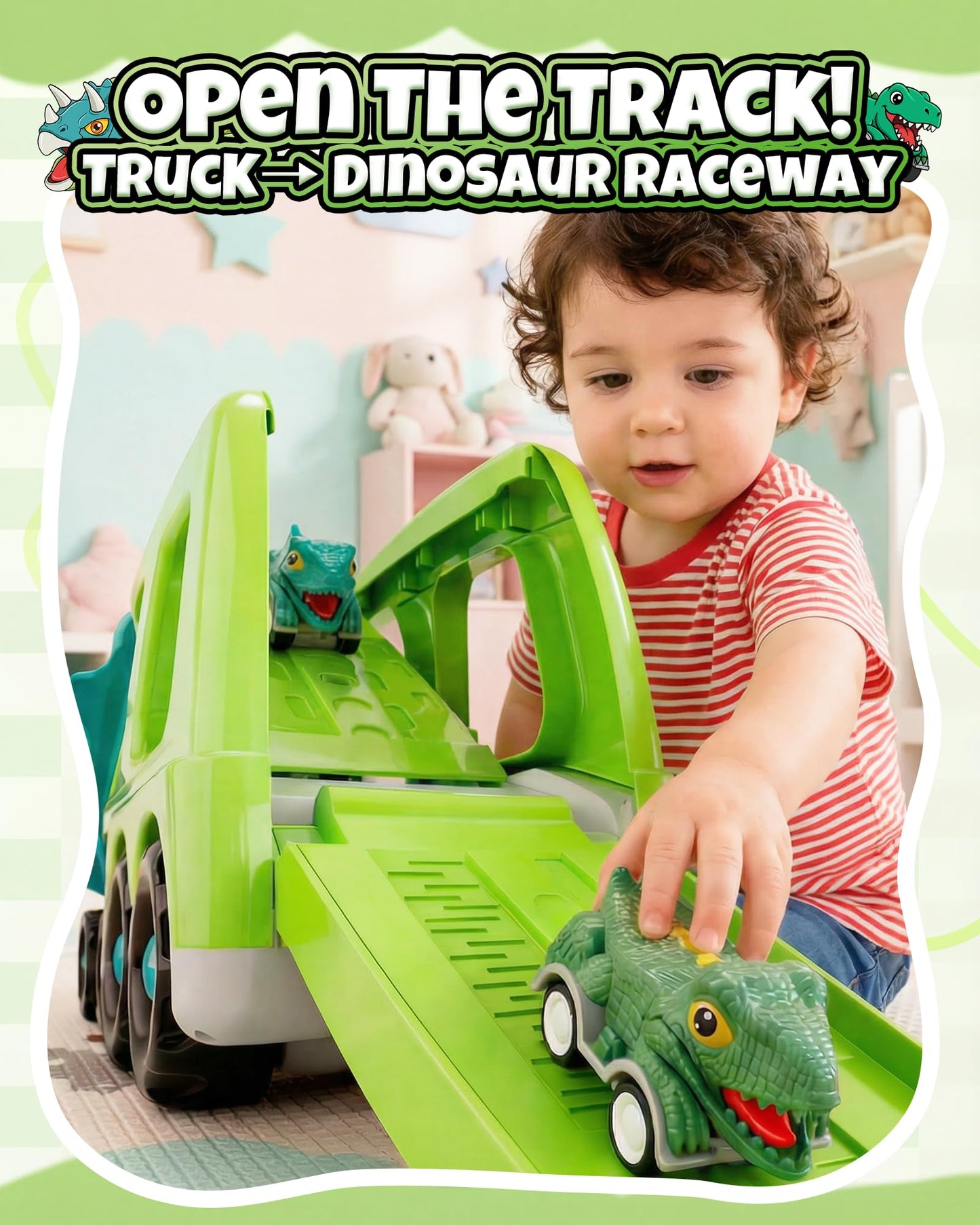Cozycharm 9 in 1 Dinosaur Toys for Boys, Dinosaur Transport Truck with 8 Pull Back Dino Cars, Toys for 3 4 5+ Year Old Toddlers, Birthday for Grandkids, Blue Green
