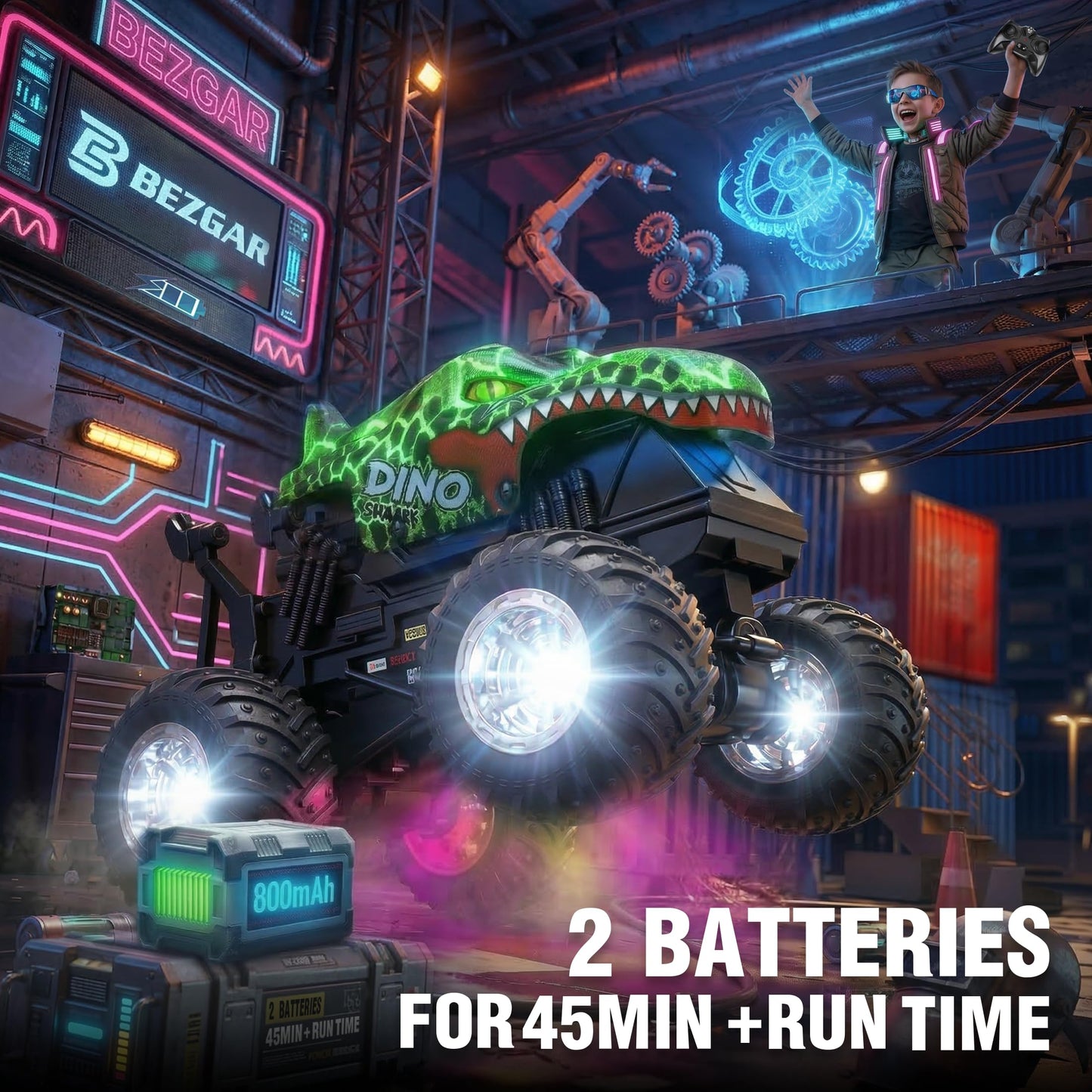 BEZGAR 1:20 Monster Truck Toys, 360°Stunt RC Cars Rotation Dinosaur Toys with Music, 2 Batteries and Wireless LED Strobe Lights, Remote Control Car for Boys 4 5 6 7 8 9 Years Old(Green)
