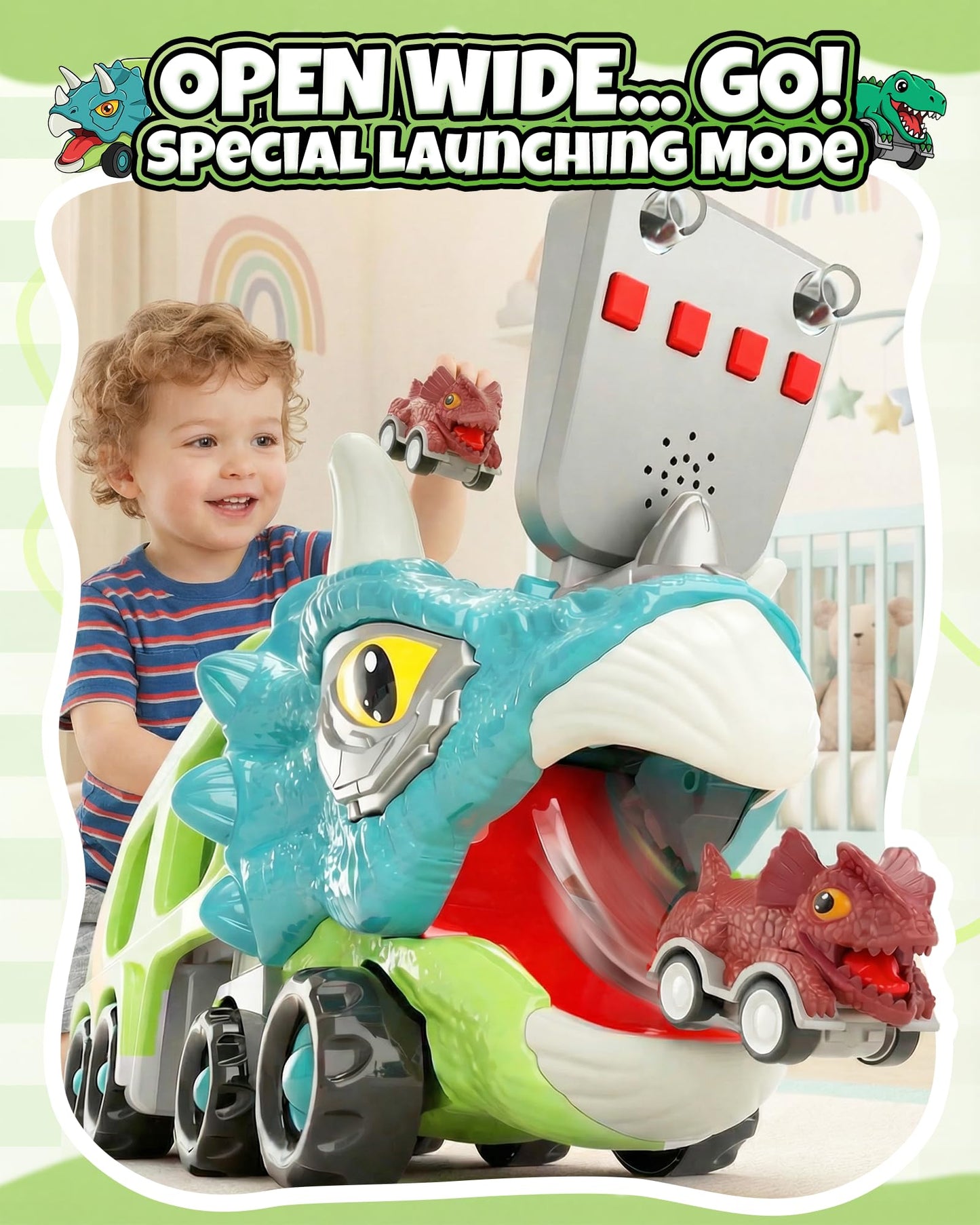 Cozycharm 9 in 1 Dinosaur Toys for Boys, Dinosaur Transport Truck with 8 Pull Back Dino Cars, Toys for 3 4 5+ Year Old Toddlers, Birthday for Grandkids, Blue Green