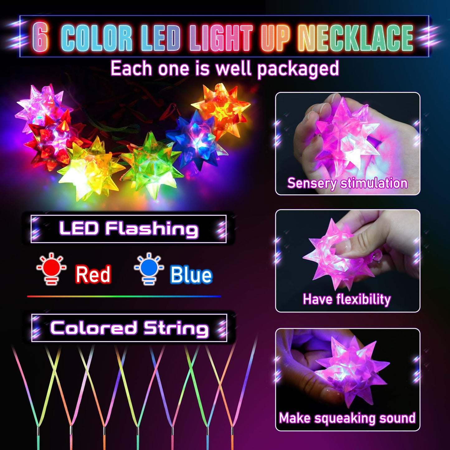 HONLYNE 48PCS Flashing Crystal Star Necklaces, Glow Necklaces Bulk Light up Party Favors, LED Glow in The Dark Party Favors for Kids Adults Birthday Glow Party Rave Halloween Goodie Bags Filler