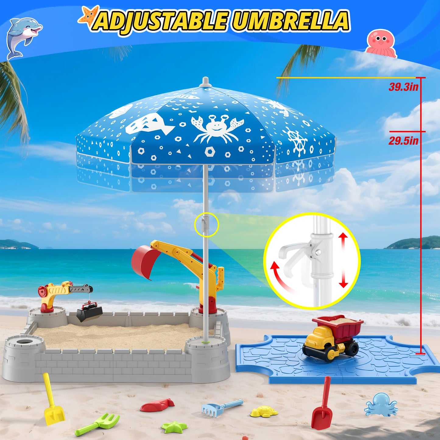 HYES Sandbox with Lid, Digger Excavator Plastic Sand Box with Cover, Play Sand Pit with Construction Toys/Umbrella/Beach Playset for Toddlers 1-3, Indoor Outdoor Sensory Gift for Kids Ages 4-8