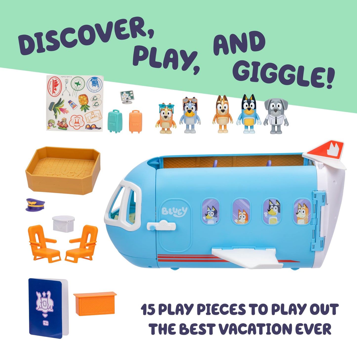 Bluey 3-in-1 Transforming Airplane Toys for Kids Playset, Turns into Resort & Boat, Airplane Toys for Kids 5-8 Includes Exclusive Captain Figure