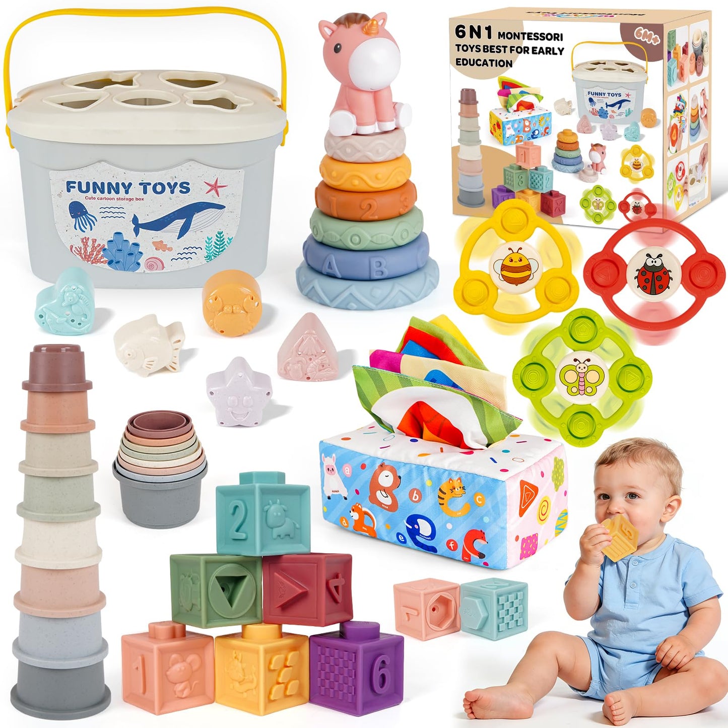 Wowlyntoy Montessori Toys for Babies 6-12-18 Months 6 in 1 Infant Toy Stacking Cups, Shape Sorter Box, Suction Spinner, Building Blocks Ring, Tissue Box, Learning Gift for Toddler 1 2 3 Year Old
