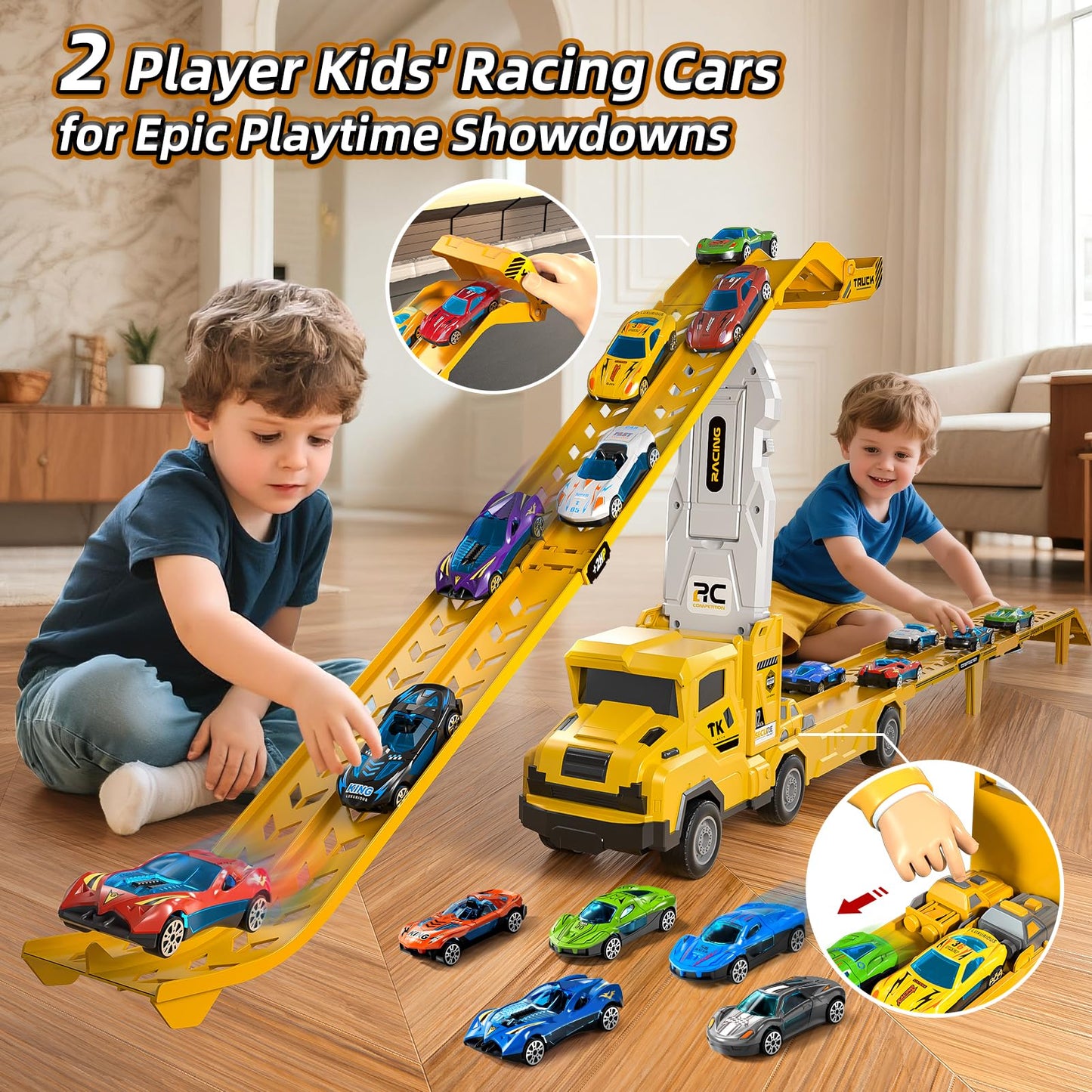 Transport Truck Toys for 3 4 5 6 7 Years Old Boys,Toy Cars Track Set Transporter Trucks with 12 Die-Cast Car Toys 2 Race catapults Dual-Track Model,Toddler Set for Kids Boys Girls,Yellow