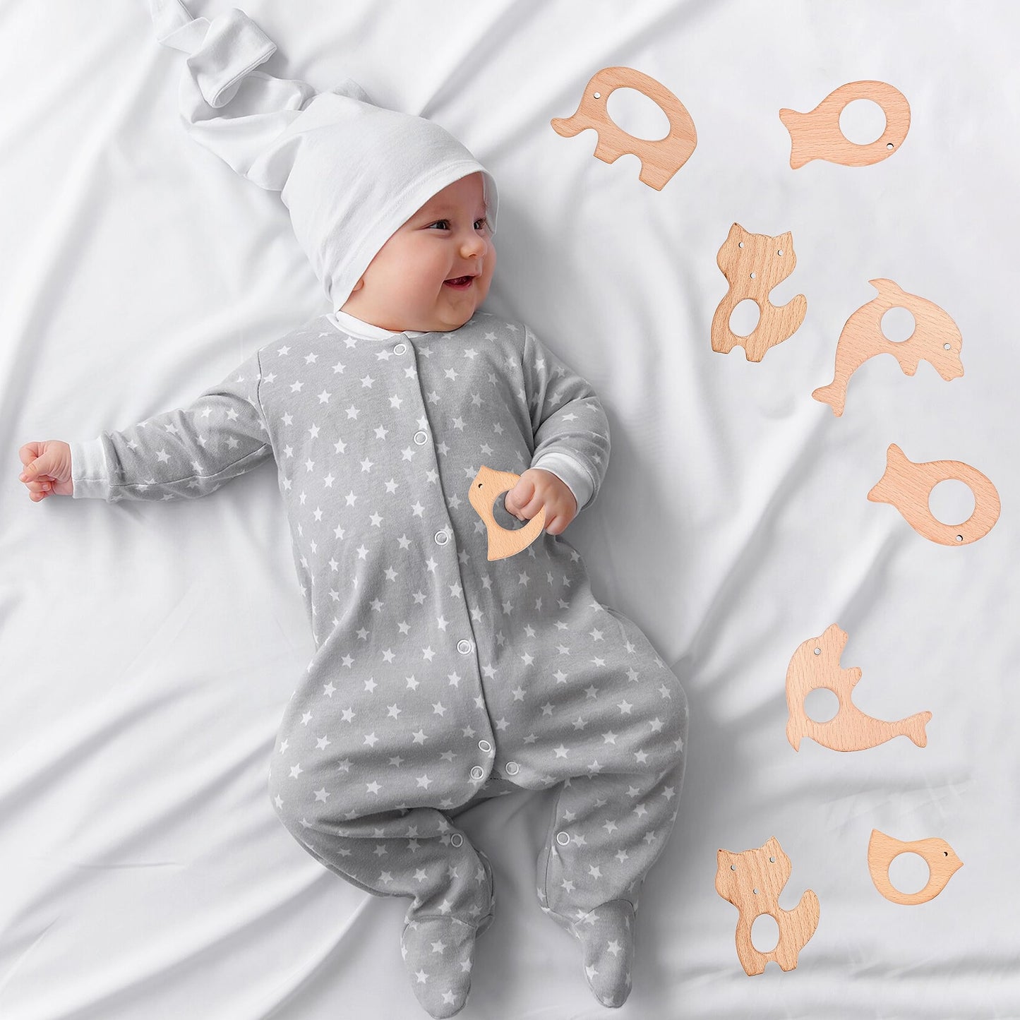 IoF 12 Pcs Teething Toys for Babies, Natural Wooden Teething Rings Baby Teether Chew Toys for Infant Toddler Teethers Crackers Animal Set Pain Relief Handmade Hanging Ring Set Toy