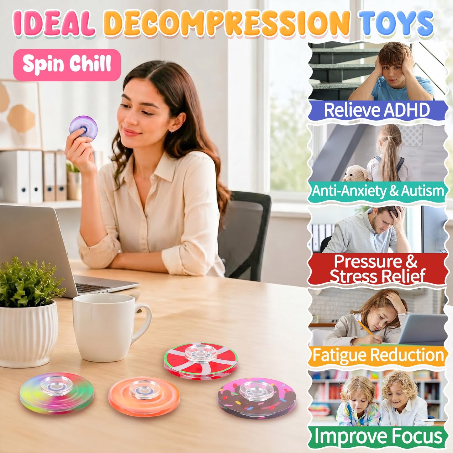 52 Pack Fidget Spinner for Kids Mini Sensory Fidget Toys Bulk Adults Kids with Autism ADHD, Anxiety Toys Stress Relief Fidgets Classroom Prizes Birthday Party Favors Pinata Stuffers Treasure Prize Box
