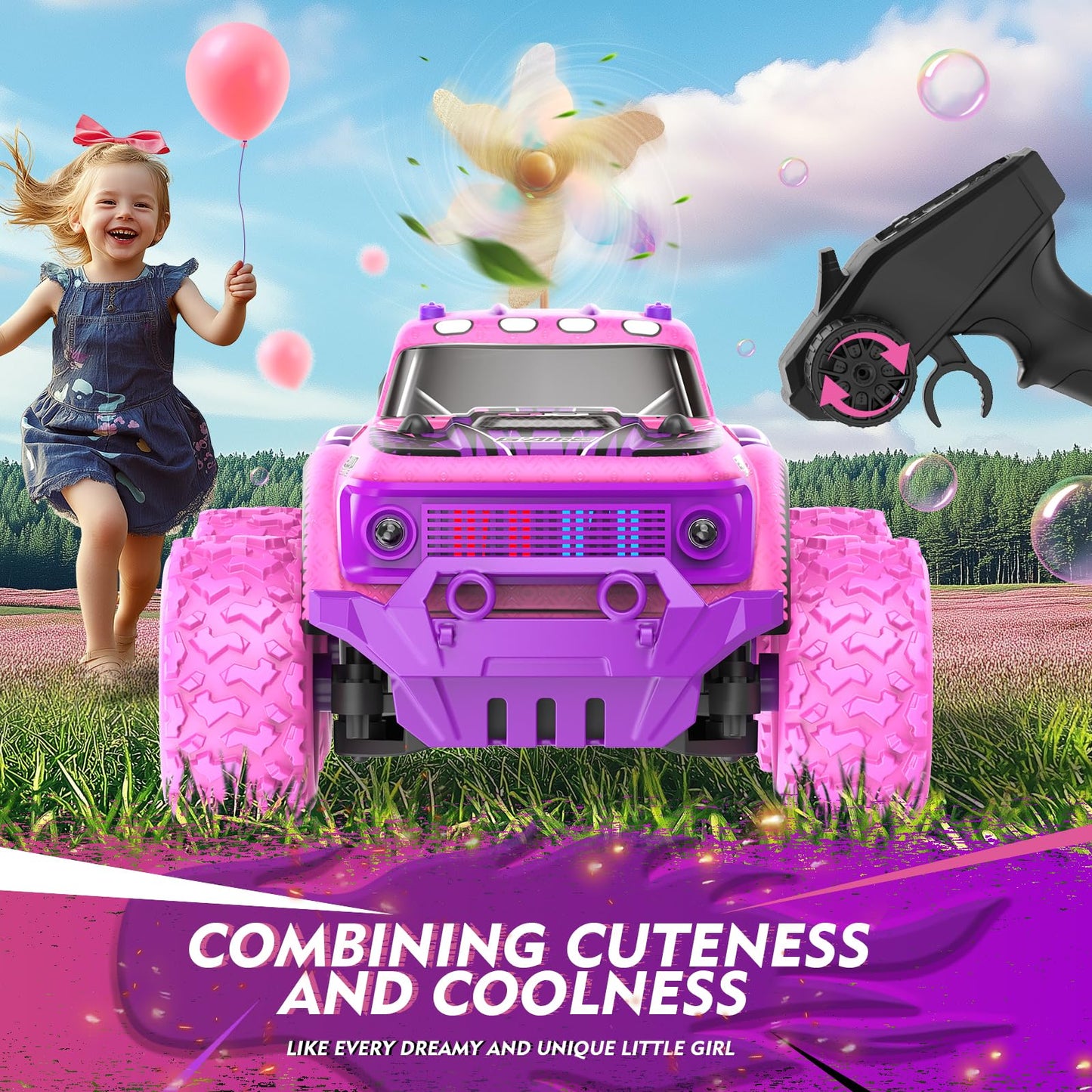 iDrone Remote Control Car for Girls: 1:20 Scale Pink Purple Rc Truck with LED Light and DIY Windmills - 20Km/h All Terrain Fast RC Cars, 2.4GHz Monster Truck Toys for Kids Gift