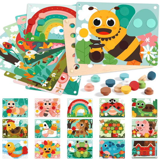 Fortand Wooden Button Art Toys for Toddlers 3-5, Montessori Color Matching Puzzle Pegboard with 16Cards & 30 Buttons, Fine Motor Skills Learning Toy Preschool Educational Gift for Boys Girls Age 3 4 5
