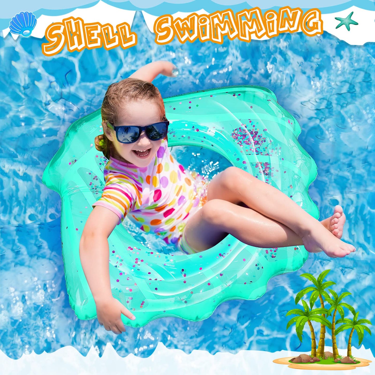 Juexica 2 Pack Shell Swim Rings for Kids Inflatable Seashell Pool Float Children Swimming Floatie Glitter Confetti Swim Tube Summer Beach Party Decorations for Kids Toddlers Teens(Pink,Blue)