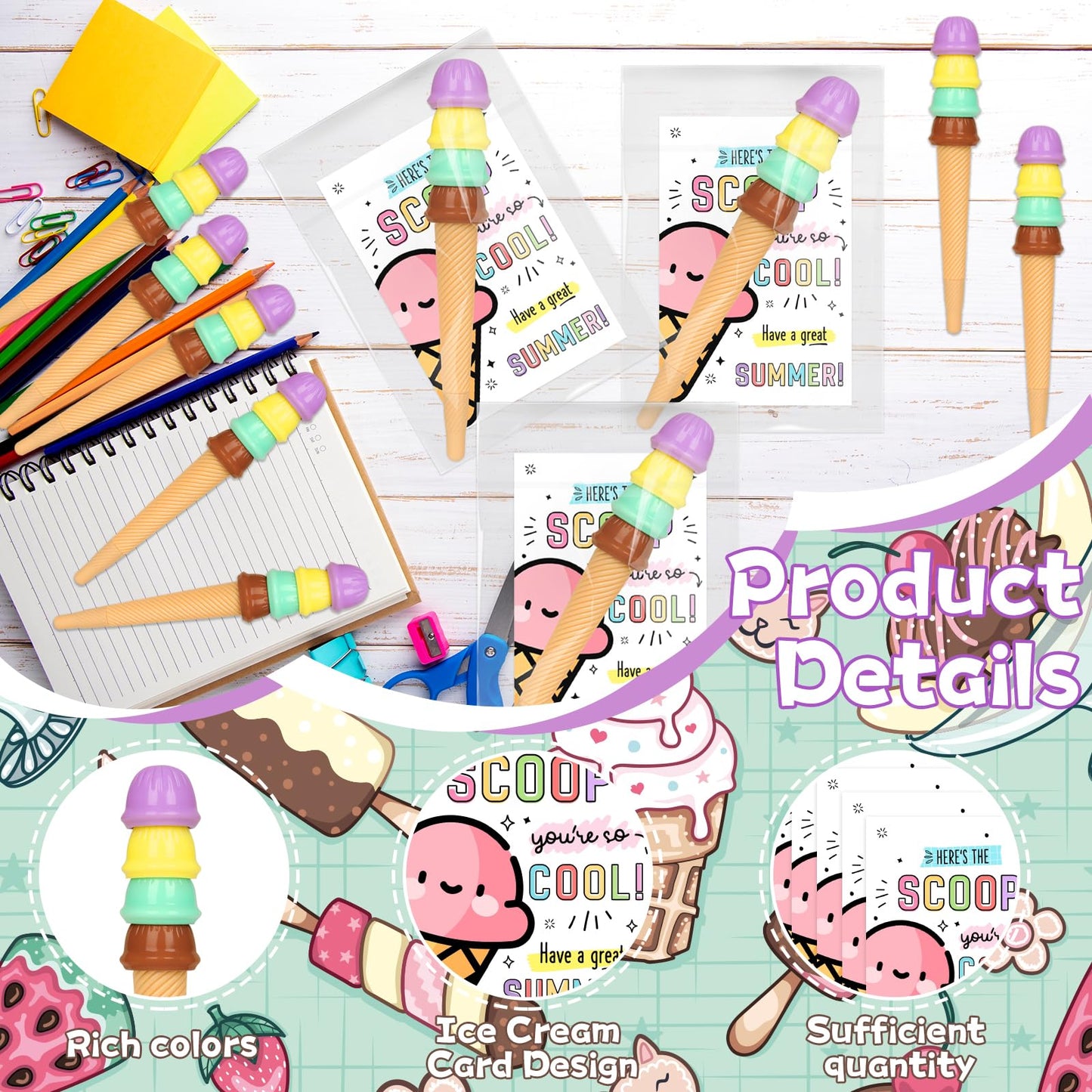 24 Sets End of Year Student Gits from Teacher Incudes Ice Cream Party Favors Ice Cream Pen Cute Cartoon Novely Gel Pen for Students School Classroom Prizes Last Day of School Gift Set
