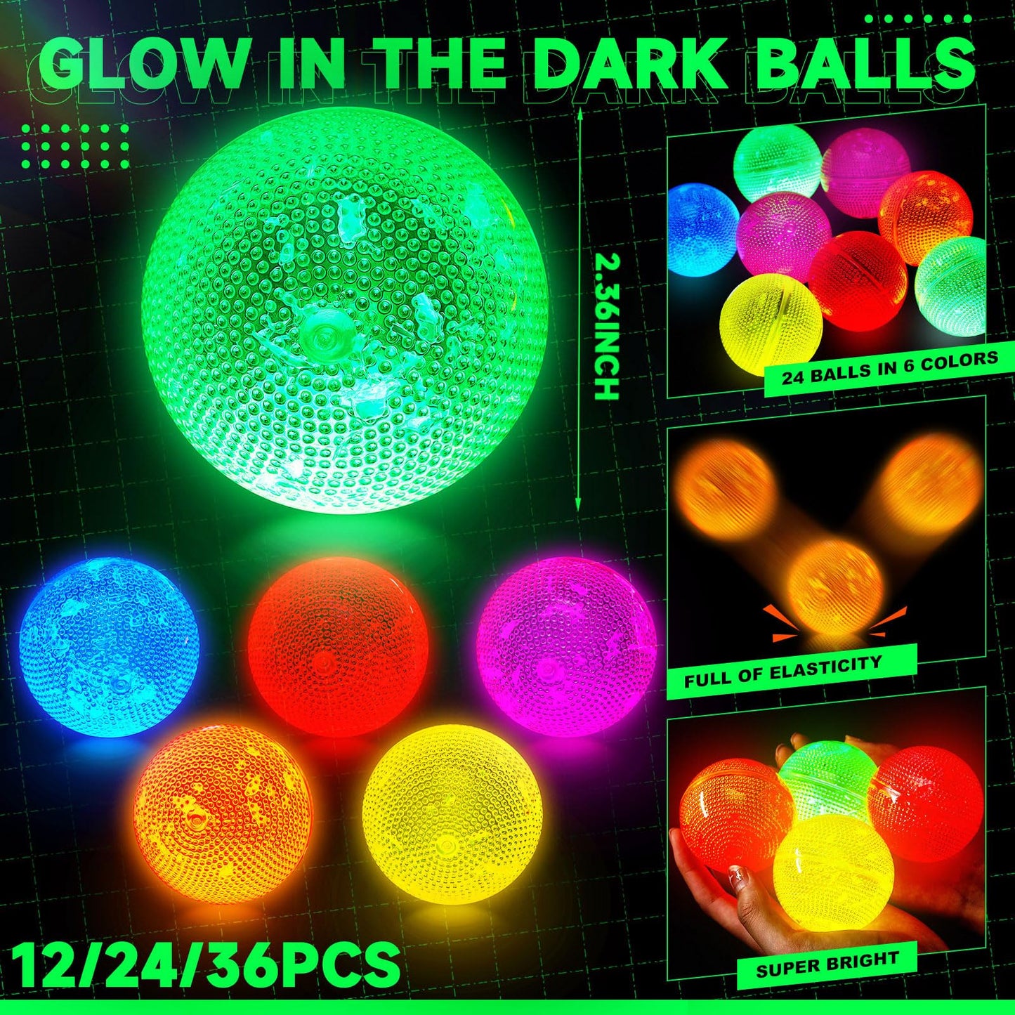 Lewtemi 24 Pcs Glow in The Dark Balls Glowing Stick Balls Bulk Lighted Bouncy Rubber Long Lasting Bright Night Party Supplies for Holiday Carnival Goodie Bag Fillers