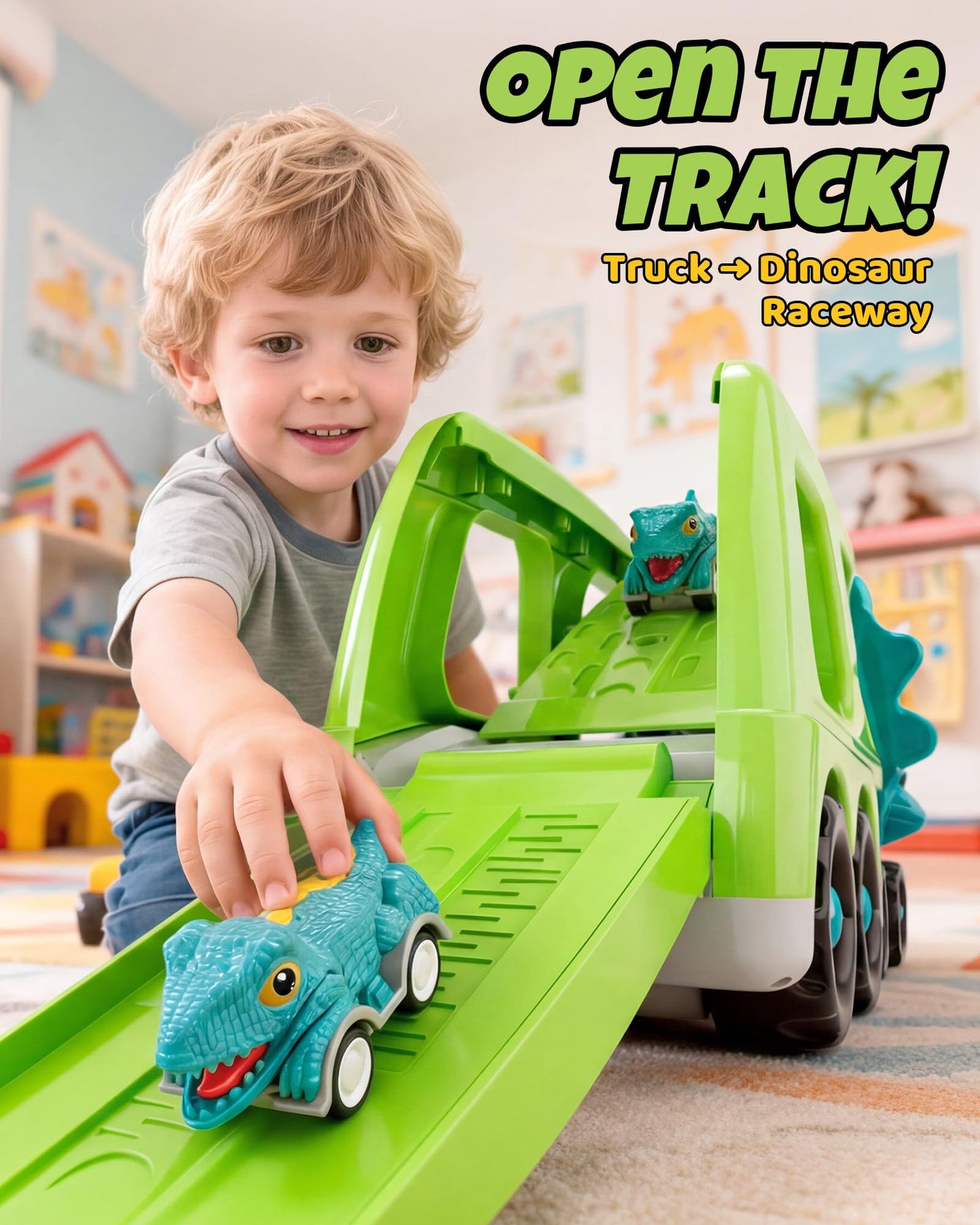 LADFAR Dinosaur Toys for Kids 3-5, Toddler Boy Toys, Dinosaur Carrier Truck with 8 Pull Back Cars, Transport Carrier Truck for Toddlers, Birthday Gifts with Music & Lights for 2 3 4 5+ Year Old Boys