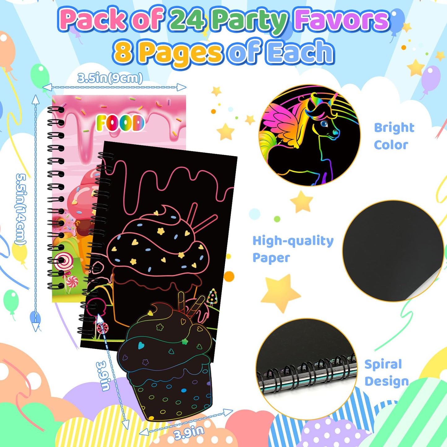 Skrajoi 24 Pack Scratch Art Party Favors for Kids - Rainbow Scratch Paper Notebook with Scratch Off Cards Easter Basket Stuffers Birthday Goodie Bags Stuffers with - Return Gifts DIY Classroom Prizes