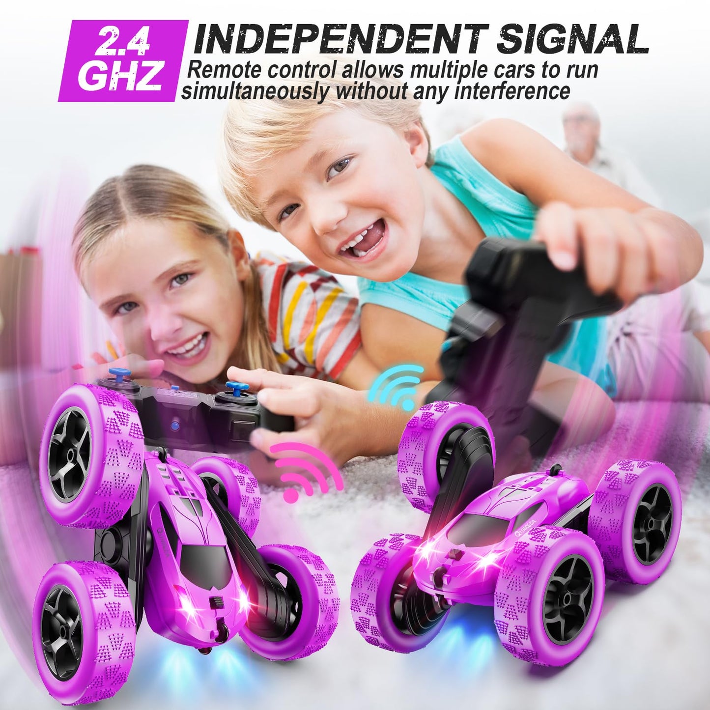QUNREDA RC Cars, Purple Remote Control Car for Girls, 2.4 GHZ Double Sided RC Stunt Car 360° Rotating Remote Control Crawler with Headlights Car Toys for 6 7 8 9 10 11 12 Girls Birthday Gift