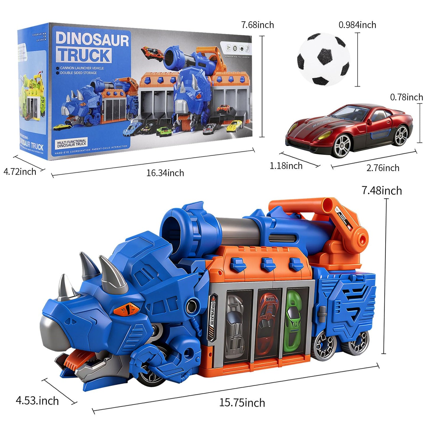 Dinosaur Truck Toys for Kids 3-12, Triceratops Car Playset with Ejection Shooting Game, Foldable Dino Truck Car Toy with 10 Mini Car, 12 EVA Soccer Ball, Storage Bay, Birthday Gift for Boys Girls
