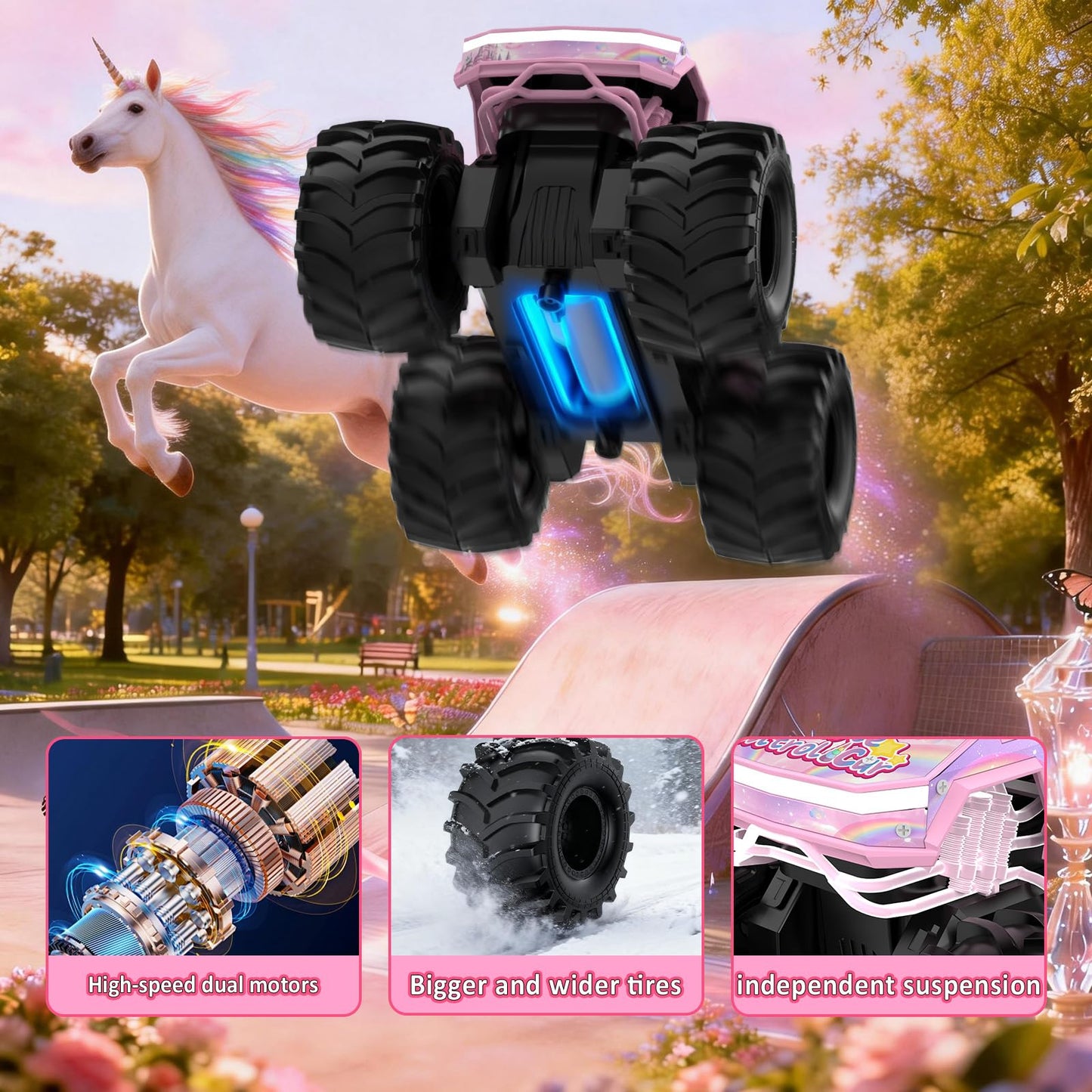 Cokzer Unicorn Cyber Truck Remote Control Car, 1:18 Girl Remote Control Car, 2.4 GHz Waterproof Amphibious RC Cars, 4WD All Terrain Off-Road Pickup for Girls Christmas Birthday Gifts Ages 6+ (Pink)