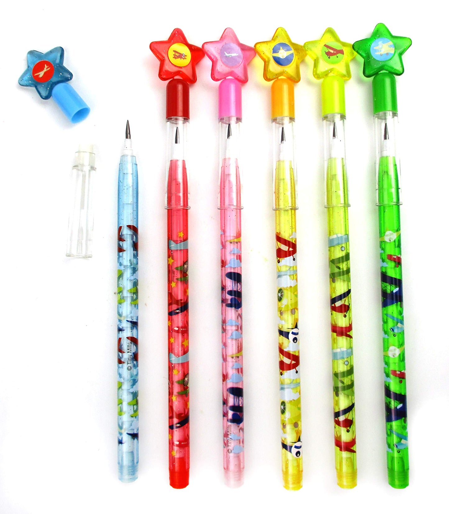 TINYMILLS 24 Pcs Airplane Multi Point Stackable Pencil with Eraser for Airplane Airshow Birthday Party Favor Prize Carnival Goodie Bag Stuffers