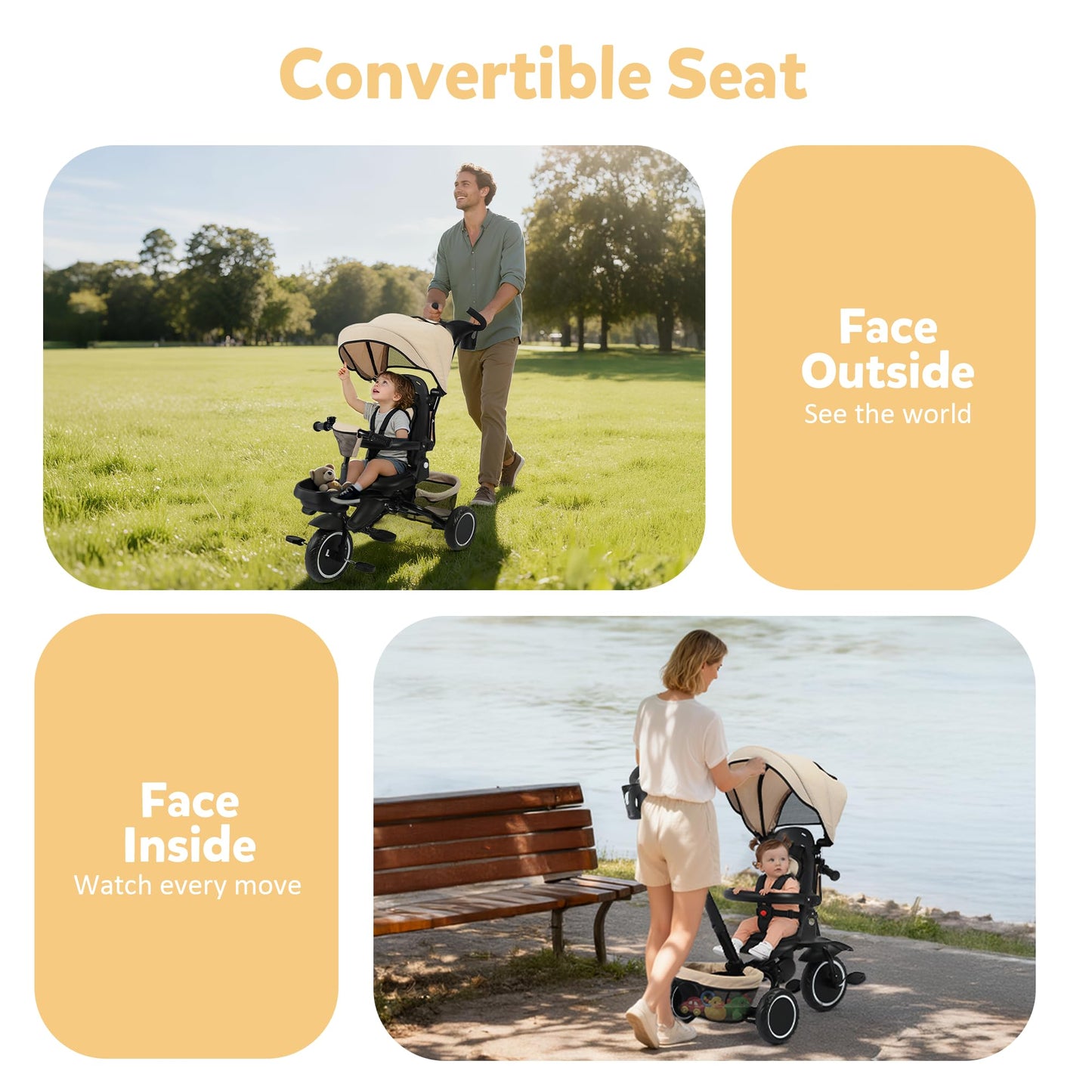 TODEFULL Folding Kids Tricycle, 8 in 1 Toddler Trike W/Removable & Adjustable Canopy, Parent Handle, 5-Piont Harness, Toddler Bike Tricycle for Kids 1-6 Years, EVA Wheels, Storage Basket, Khaki