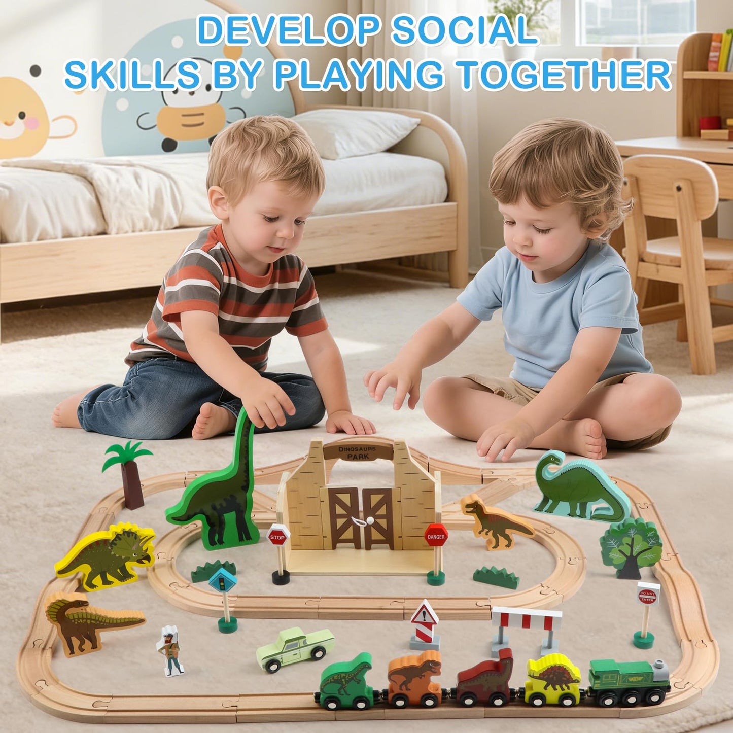 Canuan Wooden Train Set, Dinosaur Toys for Kids 3-5, Compatible with Major Brands, STEM Railway Playset, Ideal Wooden Train Track Set for 3 4 5 6 7 8 Year Old Kids Boy Girl