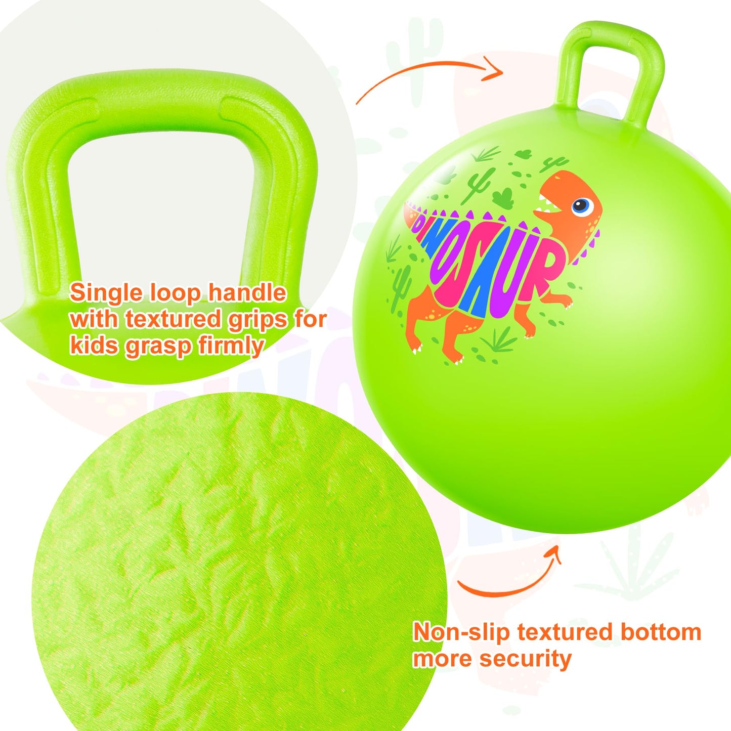 ZOOJOY Hopper Ball for Kids, 18In Bouncy Ball with Handle, Inflatable Green Dinosaur Boys Toys with Pump, Indoor Outdoor Hopping Gifts for Boys Girls 3 4 5 6 7 8
