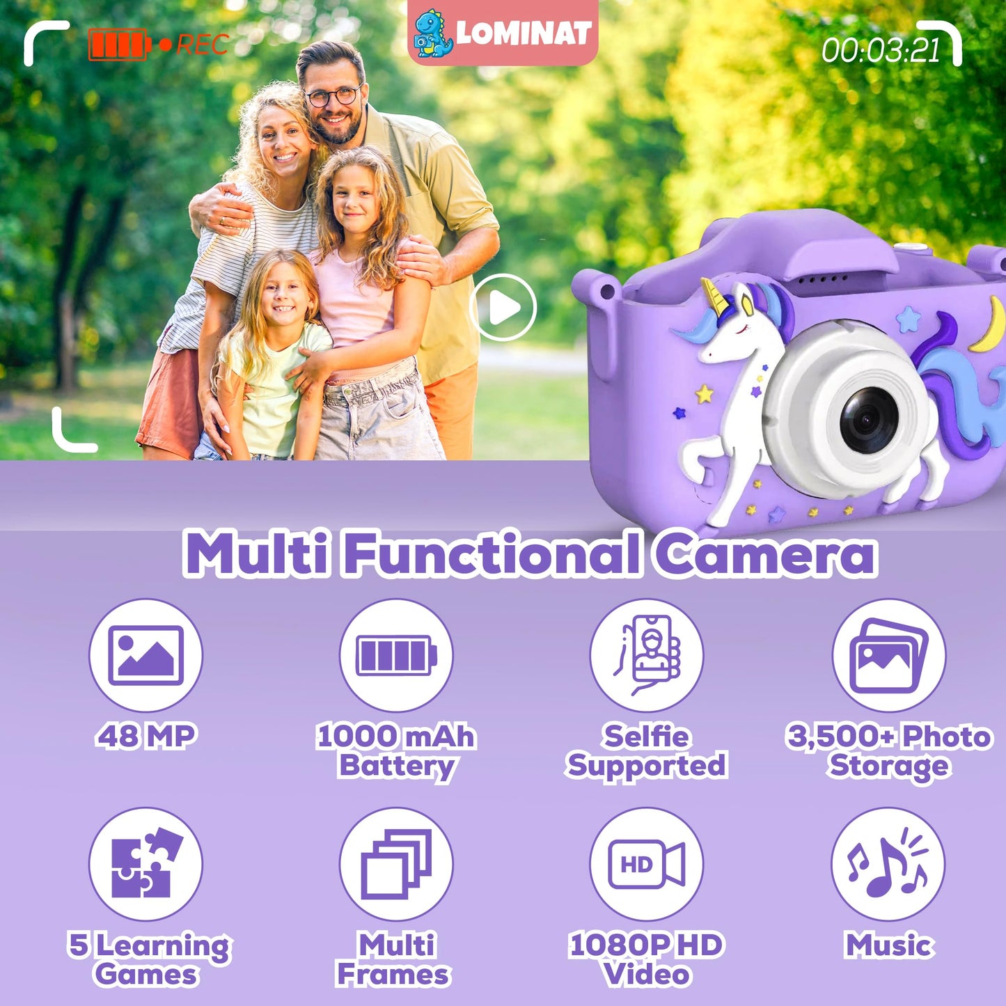 Unicorn Kids Camera for Girls Age 3-12, Selfie Camera for Girls 1080P HD Kids Video Camera – Christmas Birthday Toy for 3 4 5 6 7 8 Year Old Digital Camera for Toddlers with 32GB SD Card – Purple