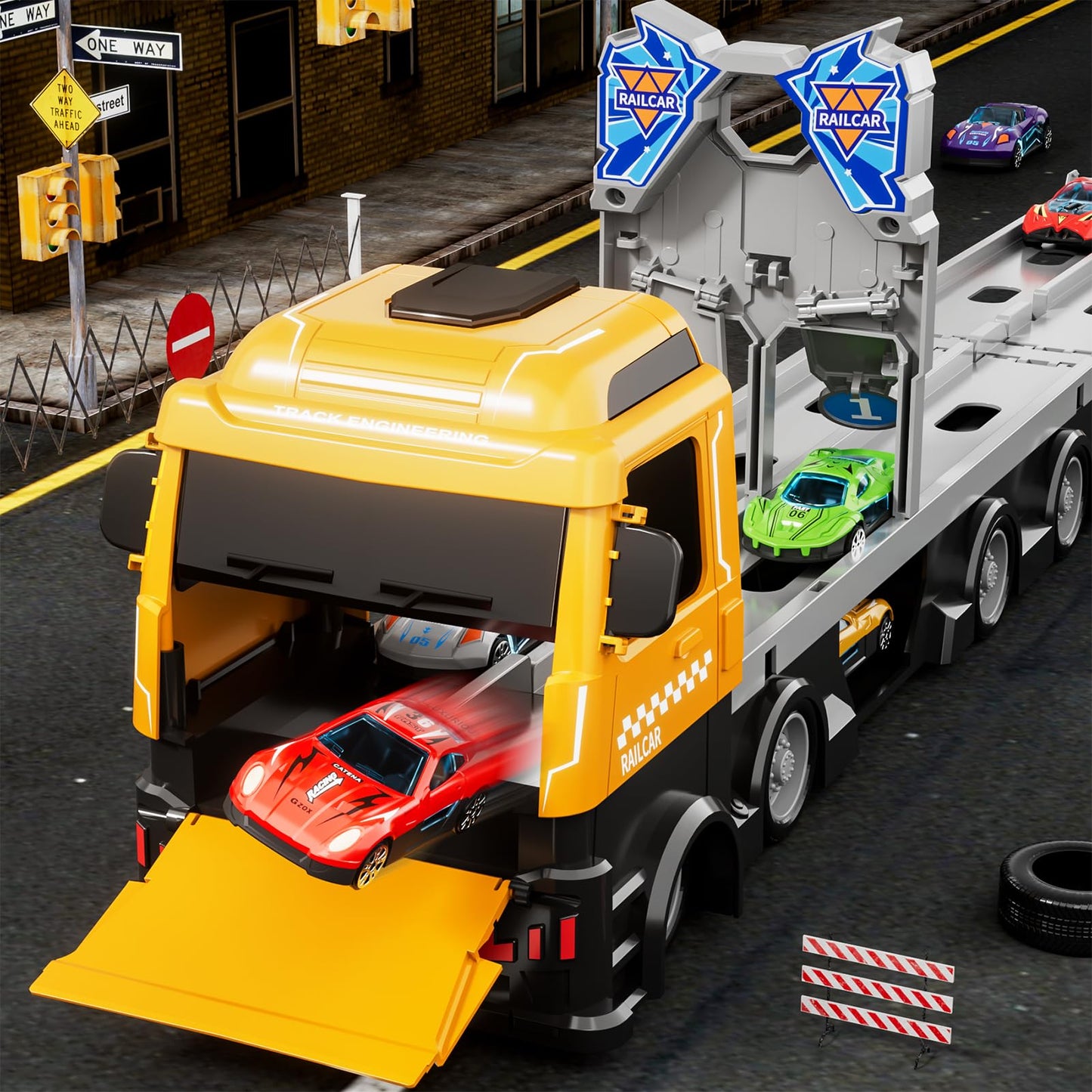Ci Vetch 78-Inch Cars Trucks Toys for Toddler 1-3 2-4 3-5 4-7 Years Old Boys Kids, Transport Truck Toy with 24 Pcs Die-Cast Cars, Toys Gifts for 3 4 5 6 Year Old Boy, Toddler Boy Toy Ages 3-5 4-7