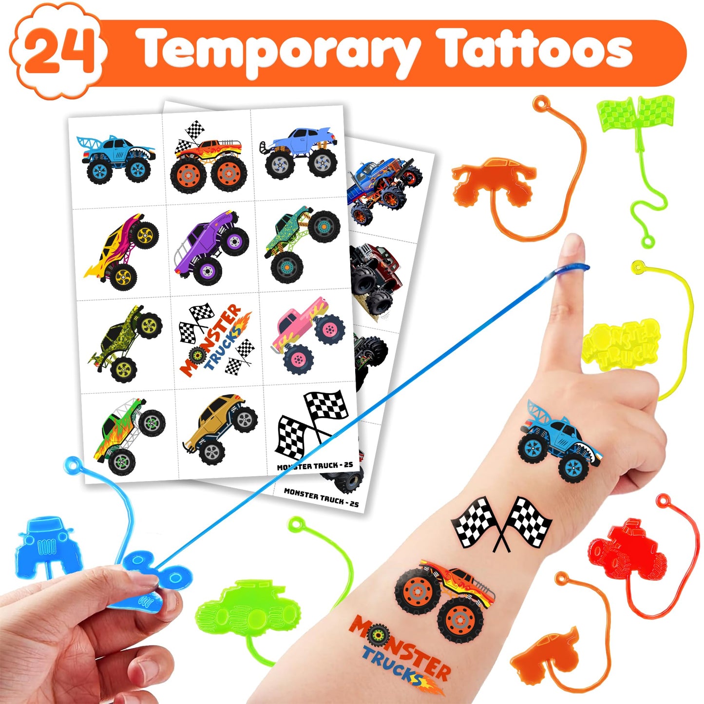 48PCS Monster Truck Party Favors - 24PCS Temporary Tattoos & 24PCS Stick Hands Party - Perfect Birthday Party Supplies, Goodie Bag Stuffers, Treasure Box Toys, Classroom Prizes, and Student Gifts