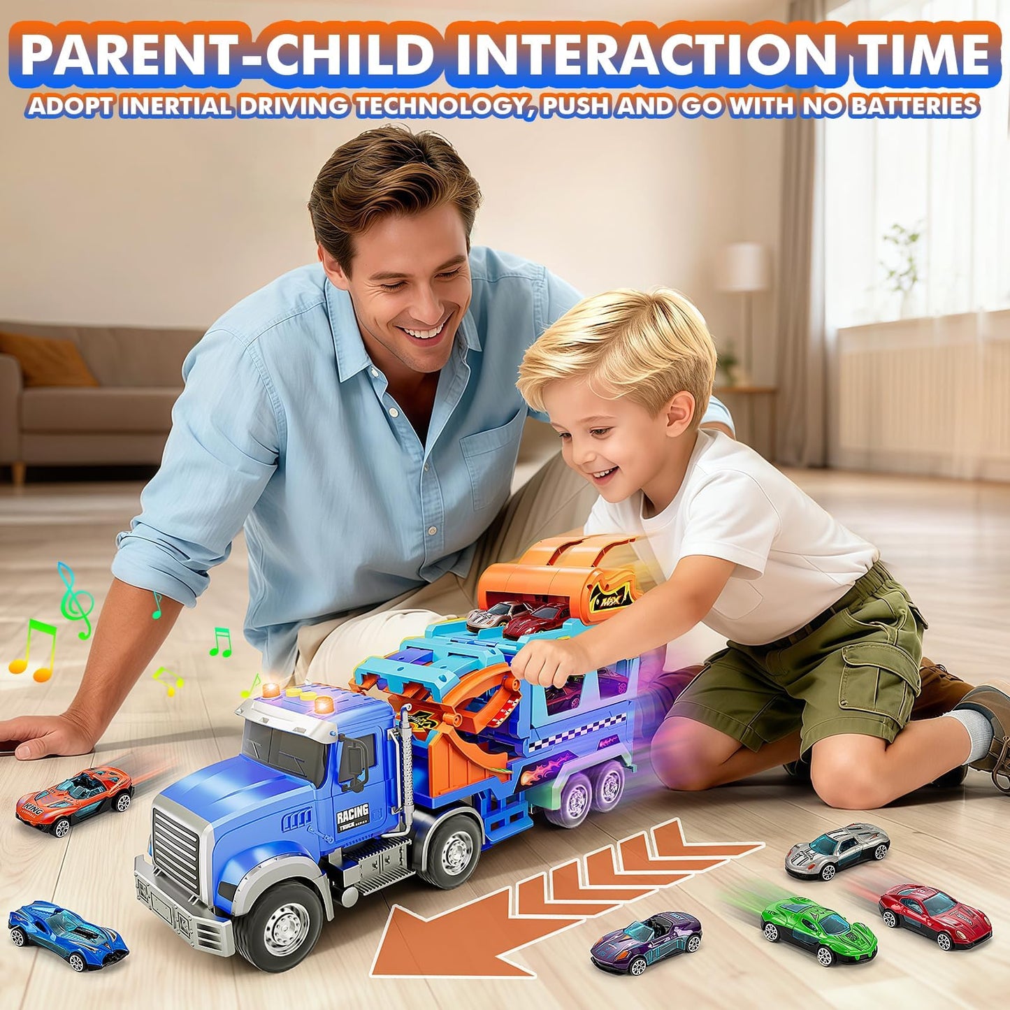 Truck Car Toys for 3, 4, 5, 6, 7, 8 Years Old Kids, Carrier Truck Race Track Toys, Foldable Transport Car Toys with Foldable Race Tracks and 6 Metal Cars, Birthday Gifts for Toddler Boys Girls (Blue)