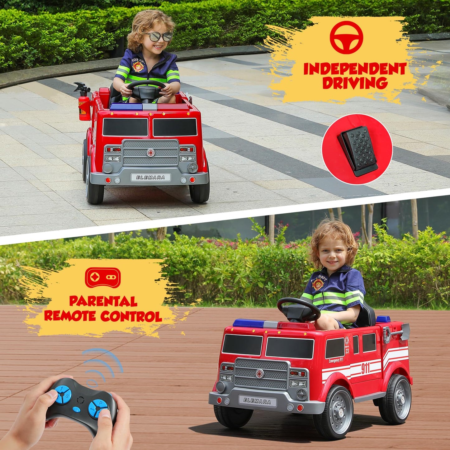 ELEMARA 12V Ride on Fire Truck, Battery Powered Toddler Electric Vehicle w/Parent Remote Control,Ride on Car for Kids,Siren-Call,walkie-talkies, Flashing Lights,Fire Extinguishers, Bluetooth,Music,UBS