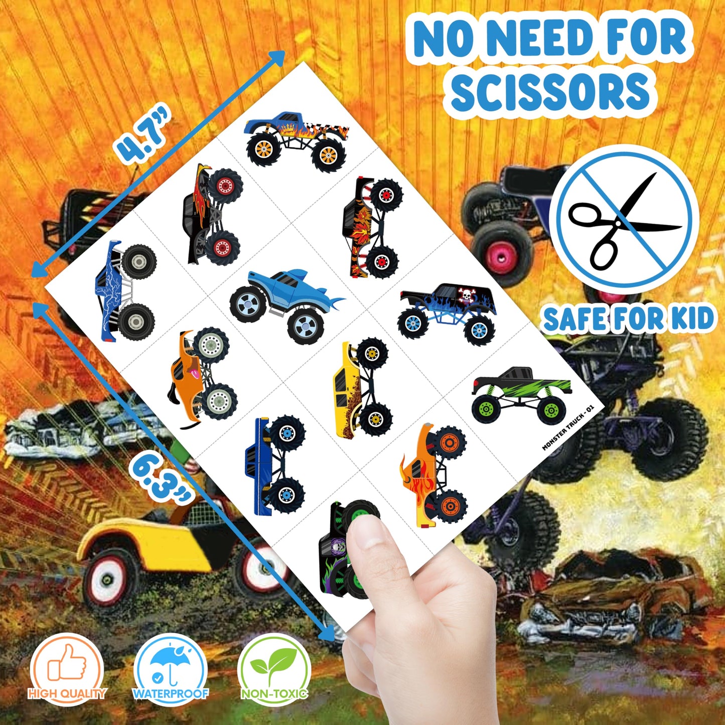 120 PCS Monster Truck Race Car Pre-Cut Temporary Tattoos for Kids | Super Cute Themed Birthday Party Favors, Supplies, Decorations, Fake Tattoo Stickers, Rewards & Gifts for Boys Girls
