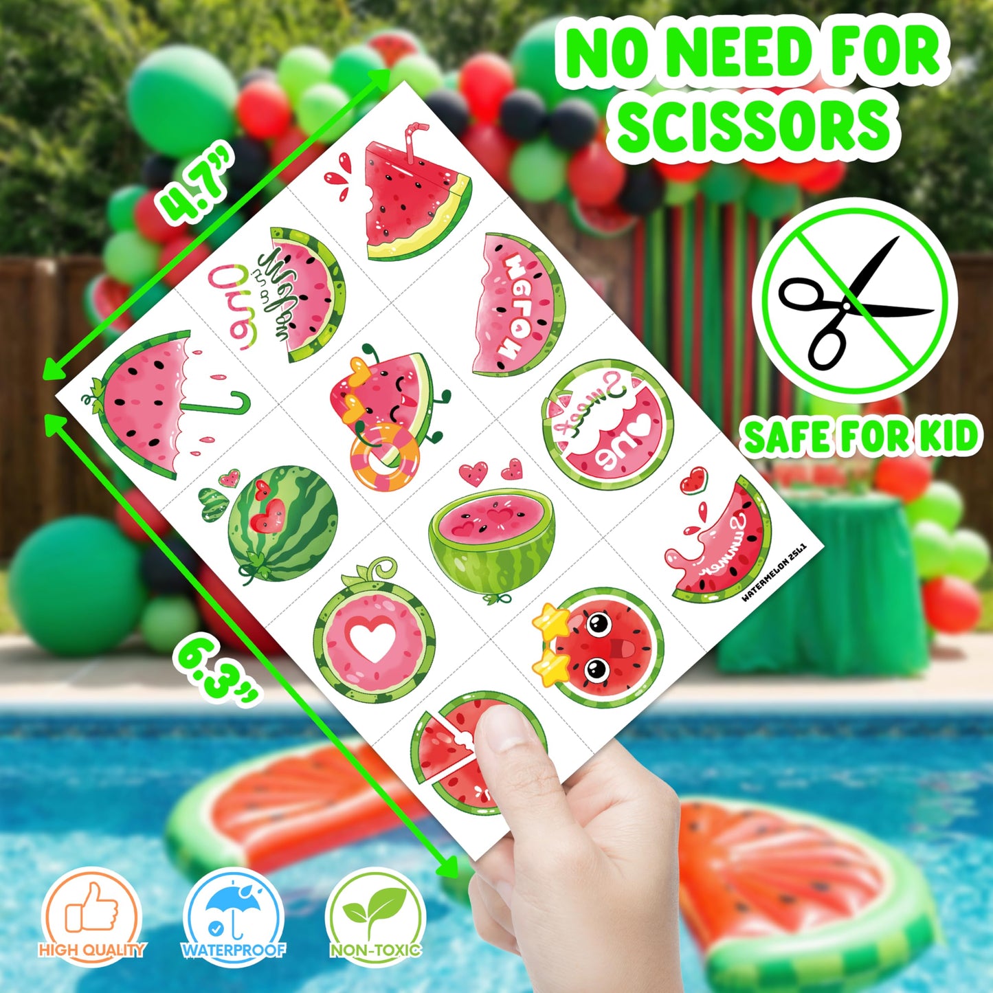48PCS Watermelon Party Favors - 24PCS Temporary Tattoos & 24PCS Stick Hands Party - Perfect Birthday Party Supplies, Goodie Bag Stuffers, Treasure Box Toys, Classroom Prizes, and Student Gifts