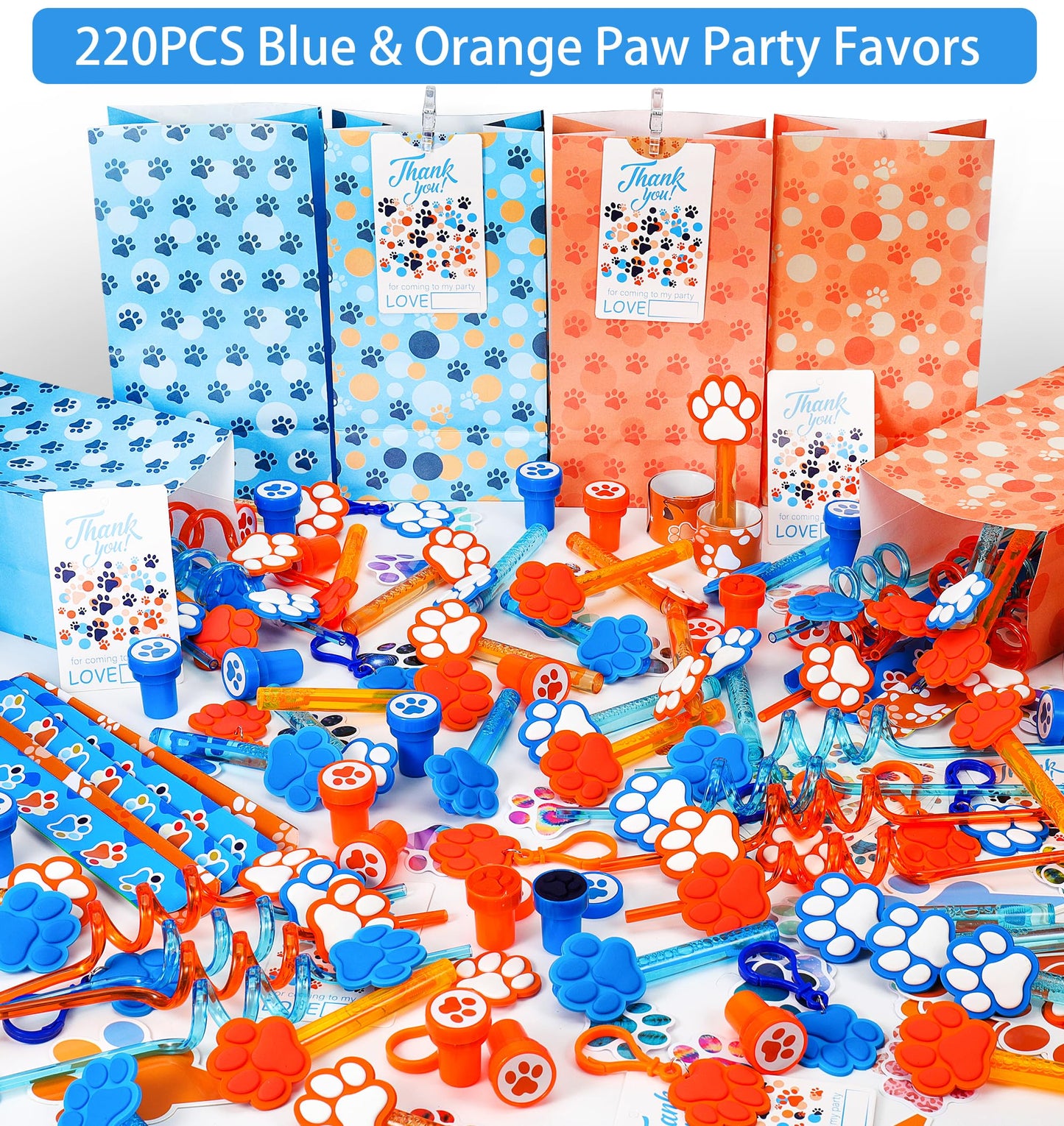 220PCS Blue and Orange Dog Paw Print Party Favors for Kids Theme Birthday Party Favors Decorations Supplies Goodie Bag Stuffer Pinata Filler Birthday Gifts