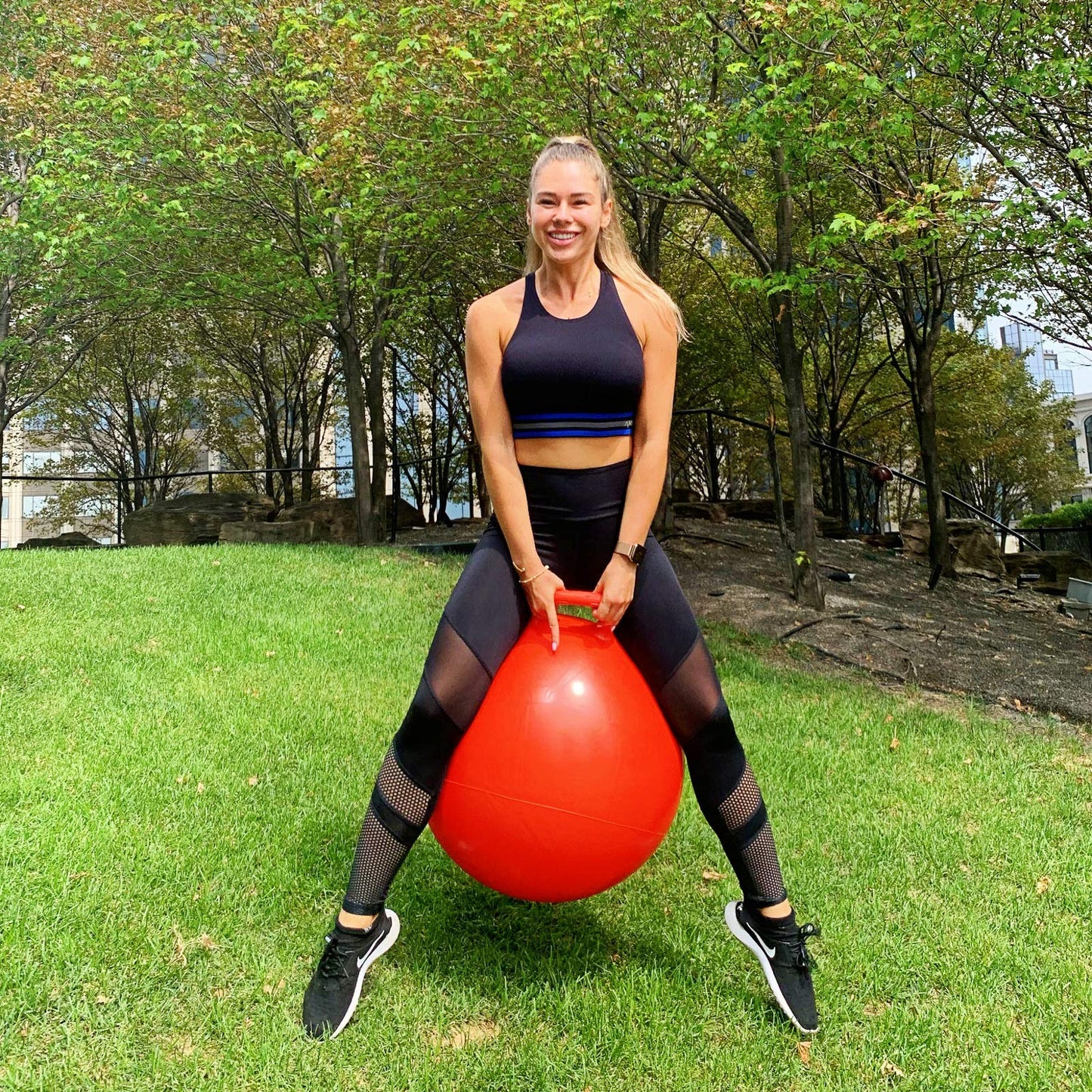 AppleRound Space Hopper Ball with Air Pump: 28in/70cm Diameter for Age 13+, Kangaroo Bouncer, Bouncy Ball with Handle, Hippity Hoppity Hopball for Teens & Adults, Plain Color (Red)