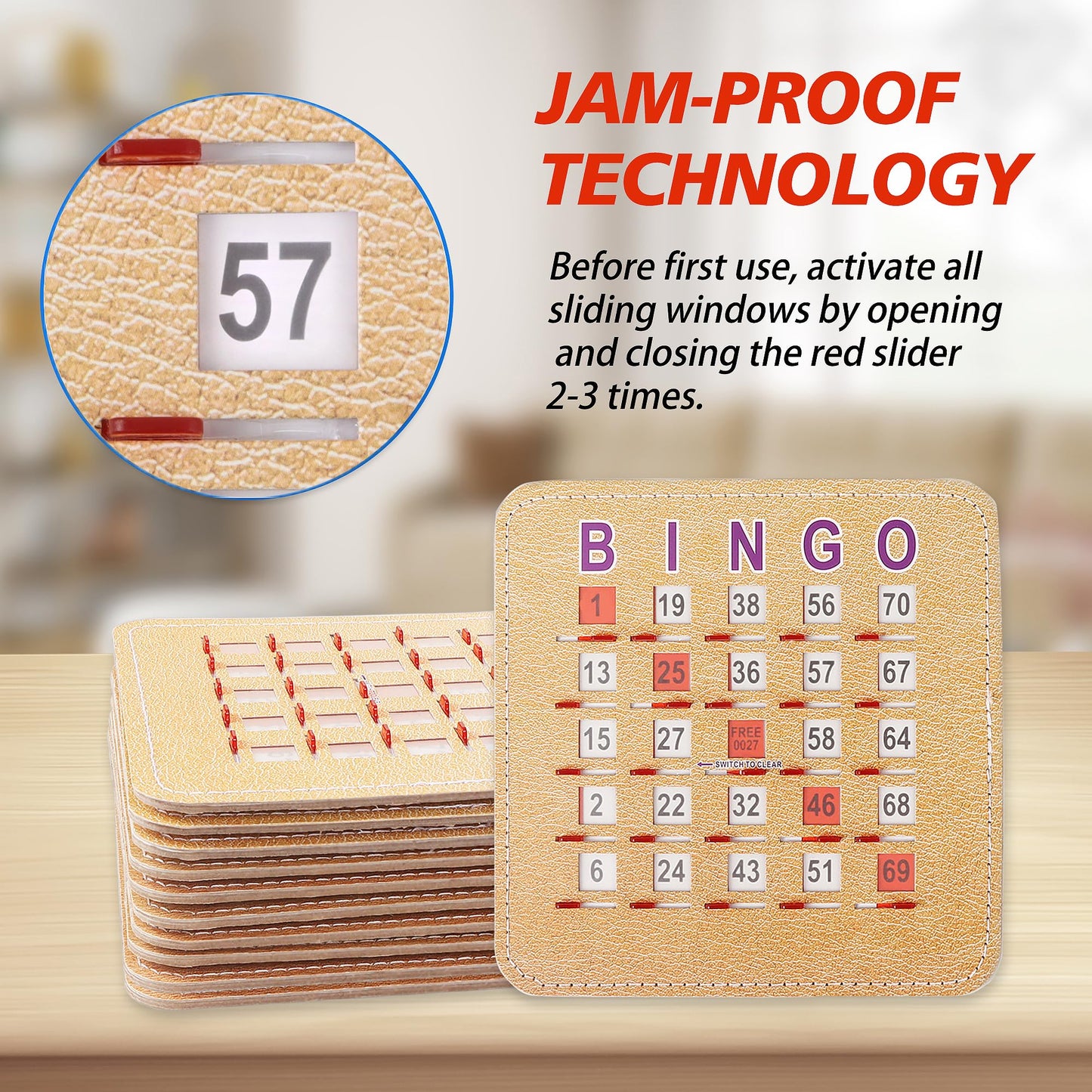 GSE Games & Sports Expert 50-Pack Reusable Shutter Bingo Cards, 5-Ply Stitched Fingertip Bingo Game Cards with Quick-Clear Sliding Windows for Large Groups Bulk Purchasing
