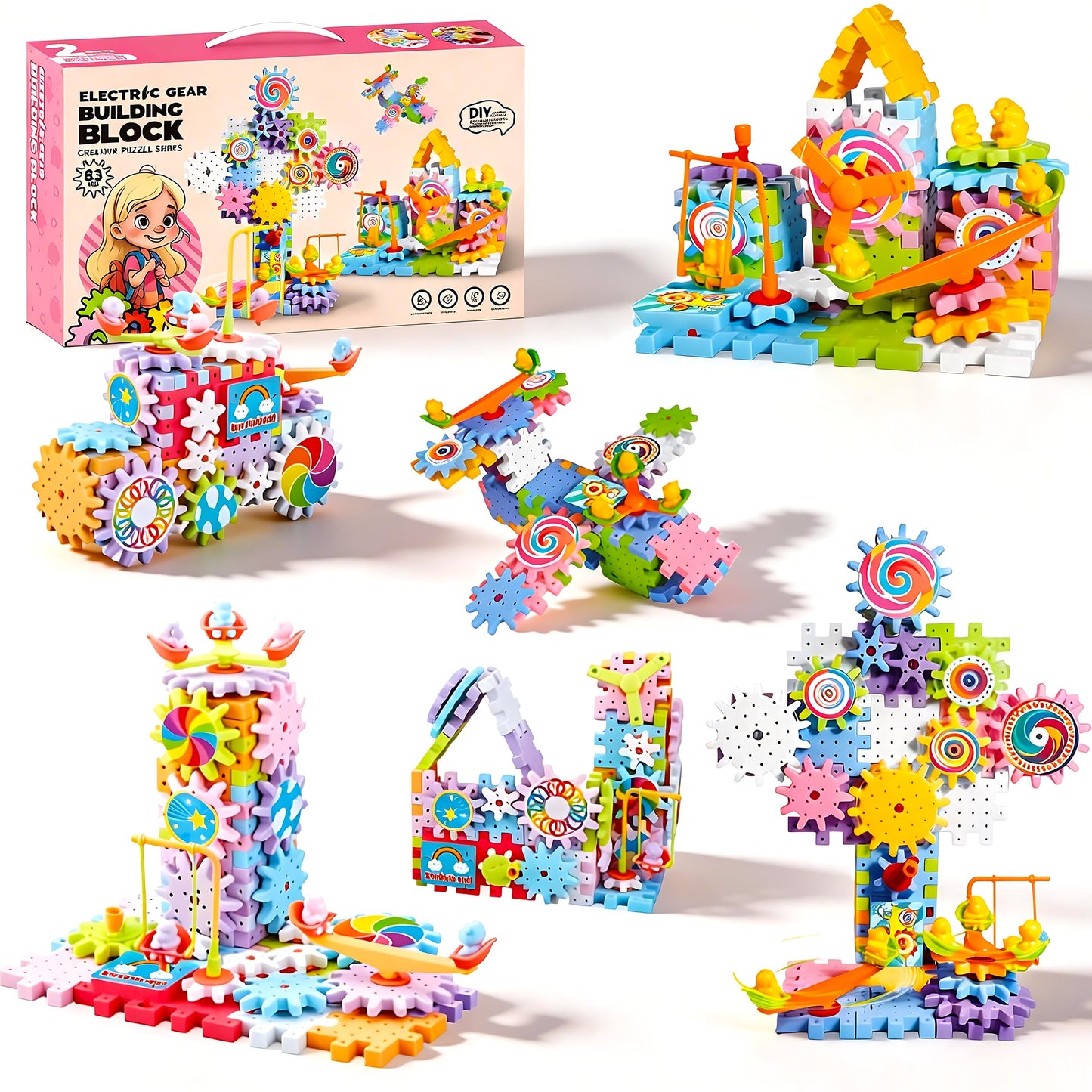 RivanPal 83 Pieces Gear Building Blocks Set Kids Tool Set, Colorful Interlocking Gears and Puzzle Pieces, Creative Construction Toy, STEM Learning