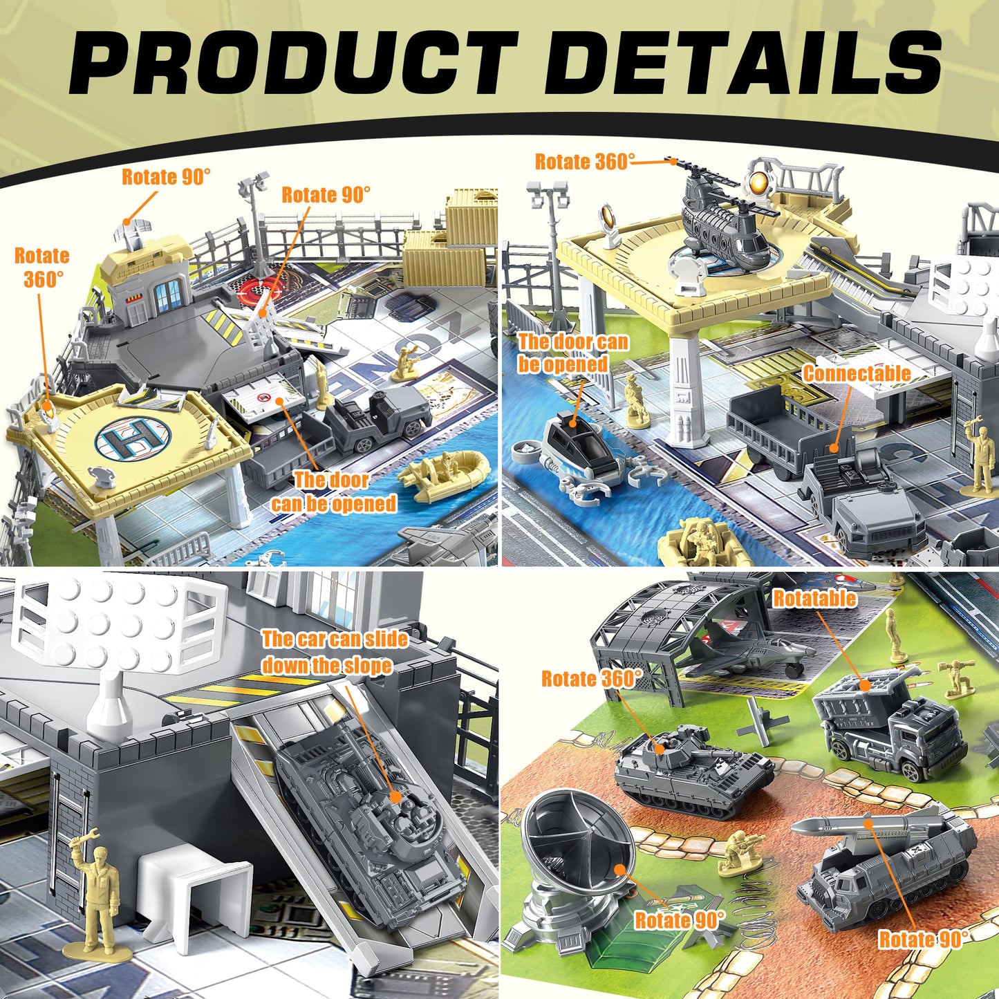 Military Base Building Playset, Army Toys with 11 Vehicles Airplane Helicopter Fighter Jet Army Men Action Figures and Play Map, Birthday Gift for 3 4 5 Year Old Boys Girls Kids