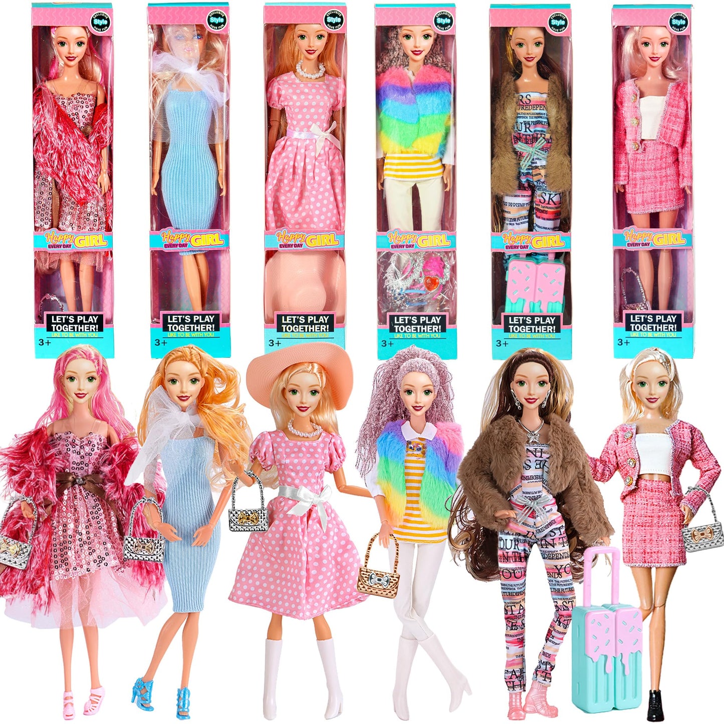 iBayda 6 Pack Fashion 11.5 inch American Toy Prinecess Dolls Playset with Outfits Dress Design and Accessories Like Handbag Hat Crown Necklace Suitcase (Gift Box Package)