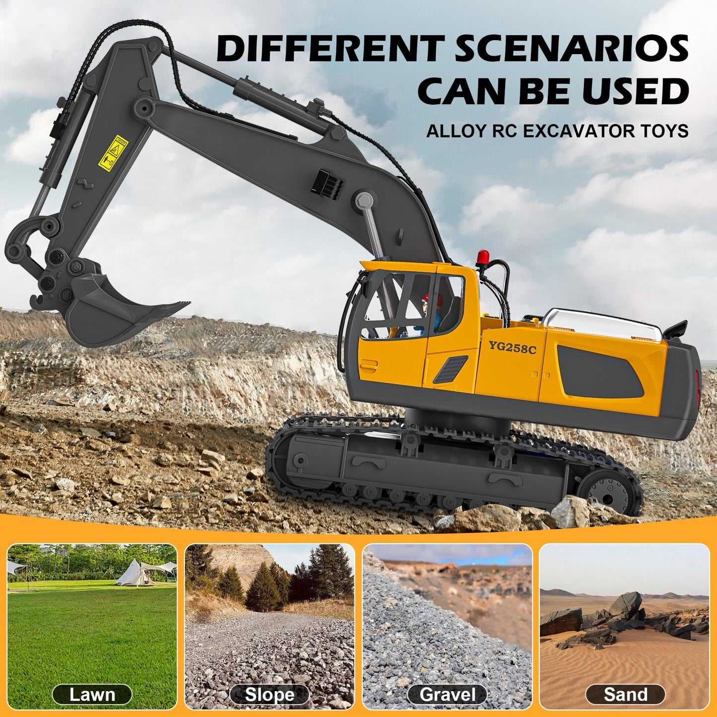 ADTHLIER Remote Control Excavator (11-Channel), Dump Truck, Bulldozer, Loader (9-Channel), 2.4GHz Remote Control Construction Vehicles, Metal Construction, with Cool Lights and Sound Effects, 4-Pcs