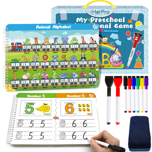 Handwriting Practice Tracing Books for Kids Ages 3-5, Montessori Preschool Learning Activity, Autism Educational Learn Number Letters Shapes Animal & Sight Words Workbook with 8 Dry Erase Markers