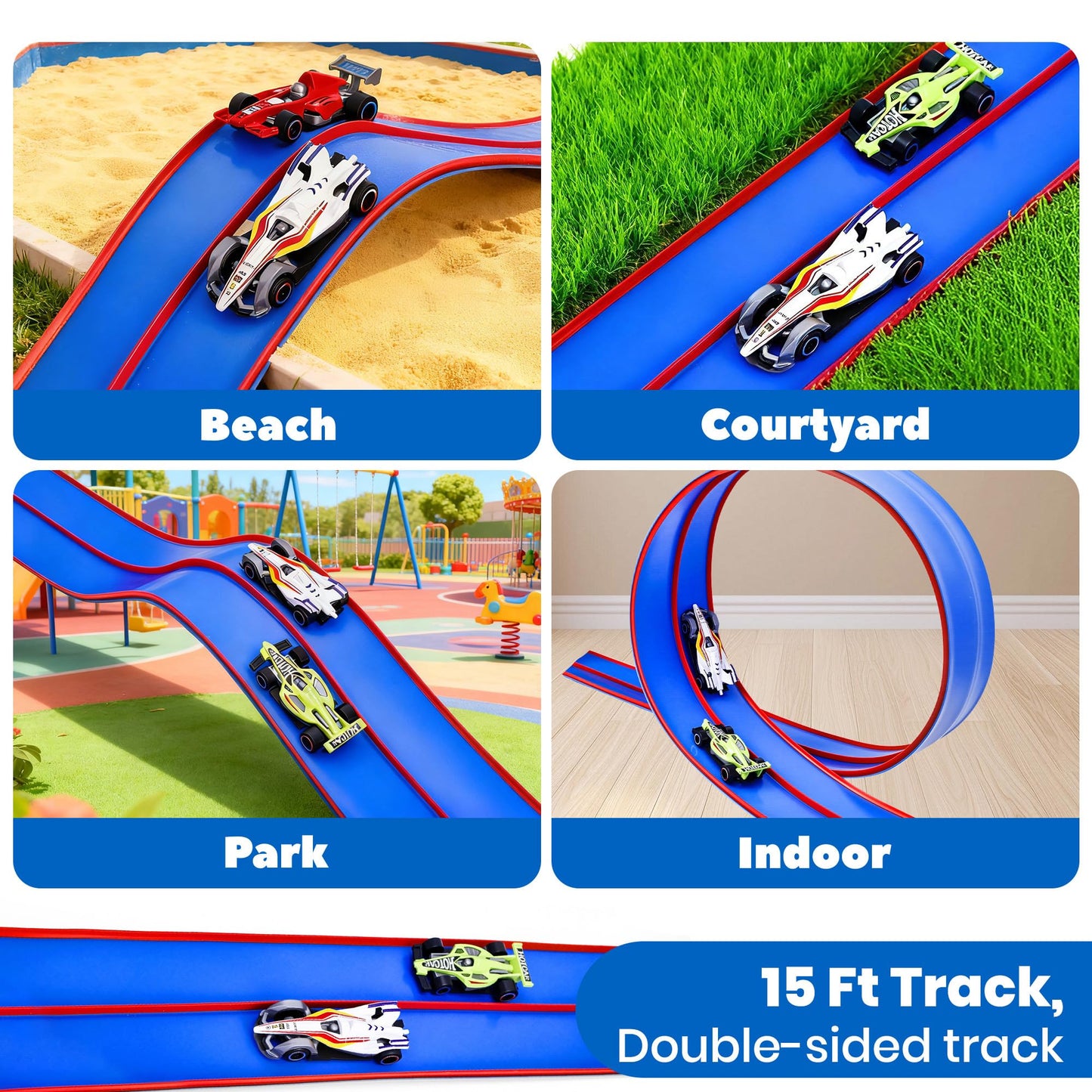 FUTESI Flexible Race Car Track for Kids 15 Ft Flex Tracks Starter Set Compatible with Diecast 1/64th Cars Portable Rolls Up Race Tracks with Strong Suction Cups Birthday Gifts for Boys Girls Ages 3+