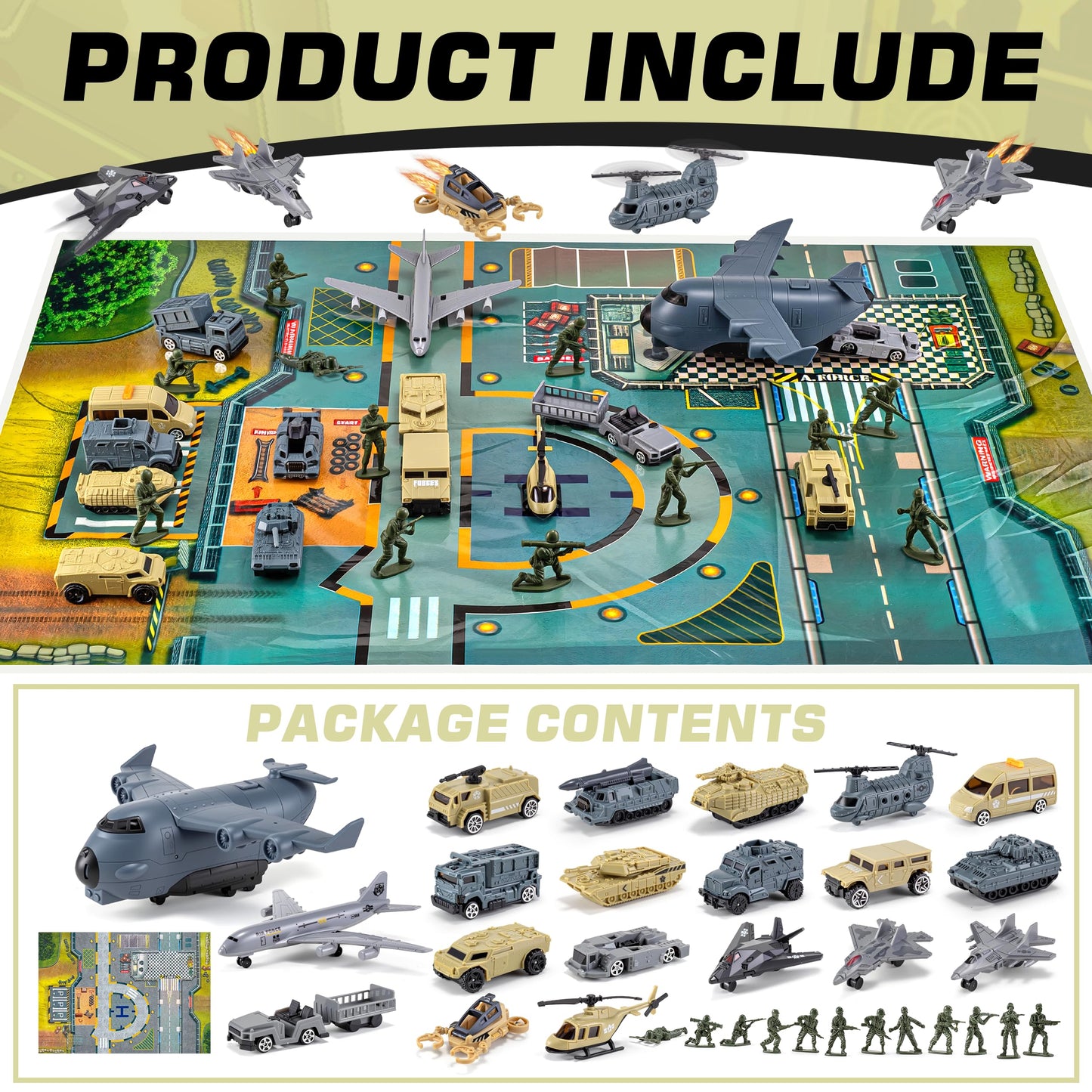 XDUOYJOY 33 in 1 Military Airplane Toy with Army Men Action Figures, Army Toys Playset with Vehicles Tanks Trucks Plane Helicopters Fighter Jets and Play Mat, Gifts for Boys Girls