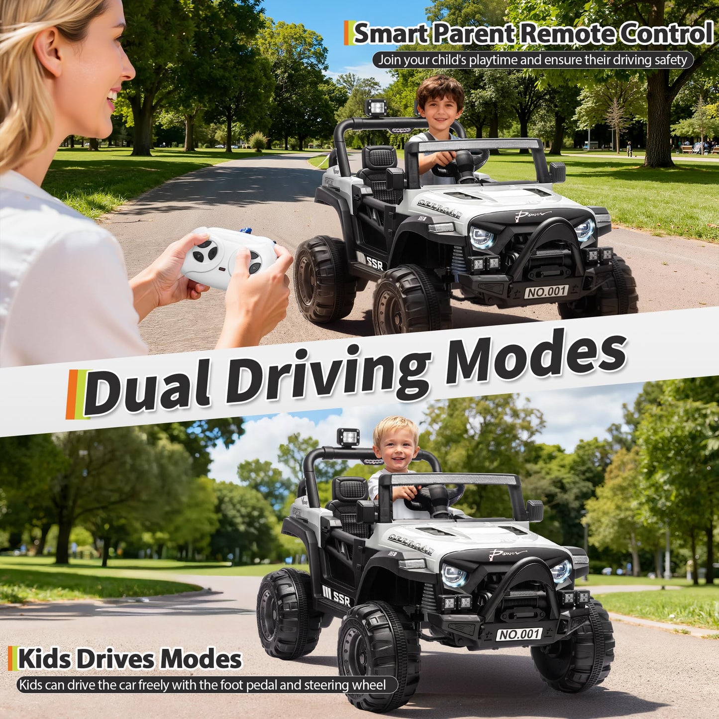 Kids Ride On Truck Car, 12V Ride On Toy Battery Powered Vehicles w/Parent Remote, Spring Suspension, Electric Car for Kids with Bluetooth Music, LED Light, Ideal Car Gift for Boys Girls, White