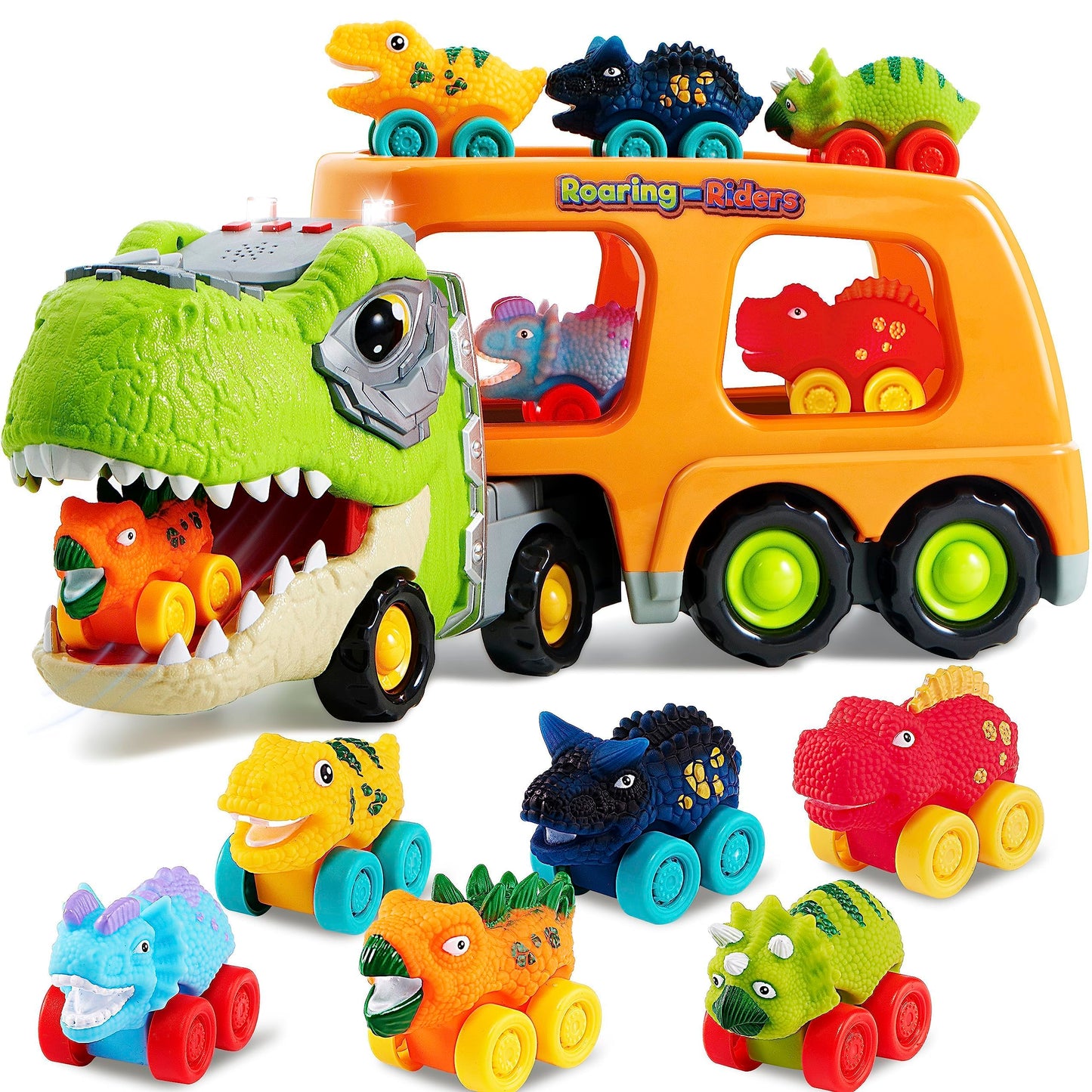 JOYIN Dinosaur Toys for Kids 2-4, Toddler Boy Toys, Dinosaur Carrier Truck with 6 Rubber Car Vehicles, Easter Birthday Gifts with Music & Lights for 2 3 4 5 Year Old