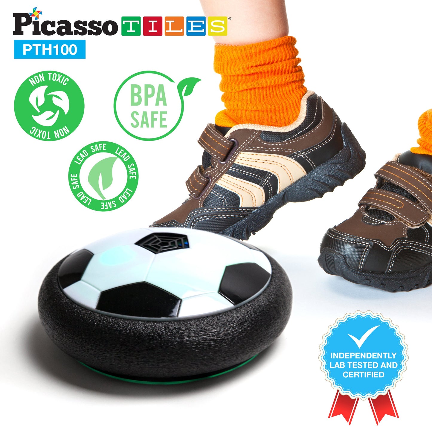 PicassoTiles Hoverball Air Hockey Soccer Floating Disc with LED Light Airlift Power Soft Bumper Indoor Gliding Toy Battery Operated Movement Training Game for Physical Activity Kids Age 3 Plus PTH100