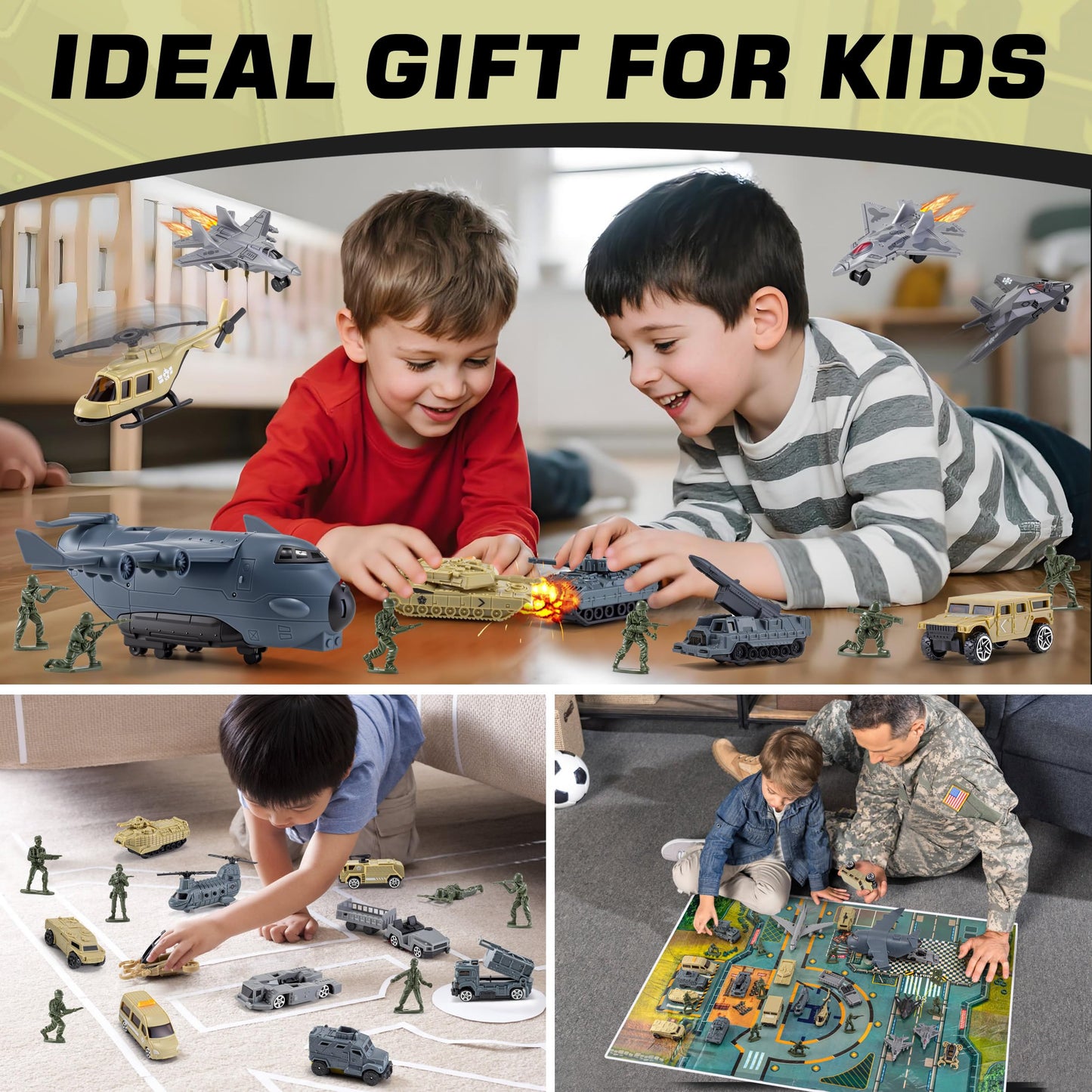 XDUOYJOY 33 in 1 Military Airplane Toy with Army Men Action Figures, Army Toys Playset with Vehicles Tanks Trucks Plane Helicopters Fighter Jets and Play Mat, Gifts for Boys Girls