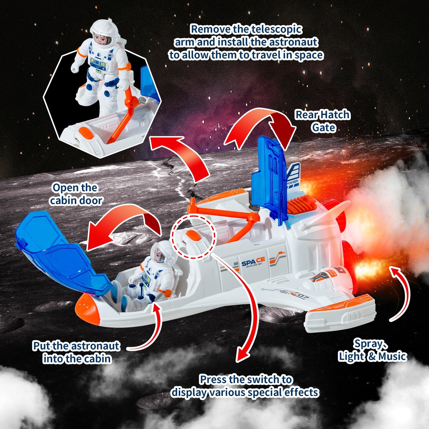 Wbzle Spaceship Shuttle Toy with Astronaut Figure - Space Toys with Lights and Sound - Rocket Ship Toy for Kids 3-5, Space Exploration Astronaut Toys Set, Outer Space Birthday Gift