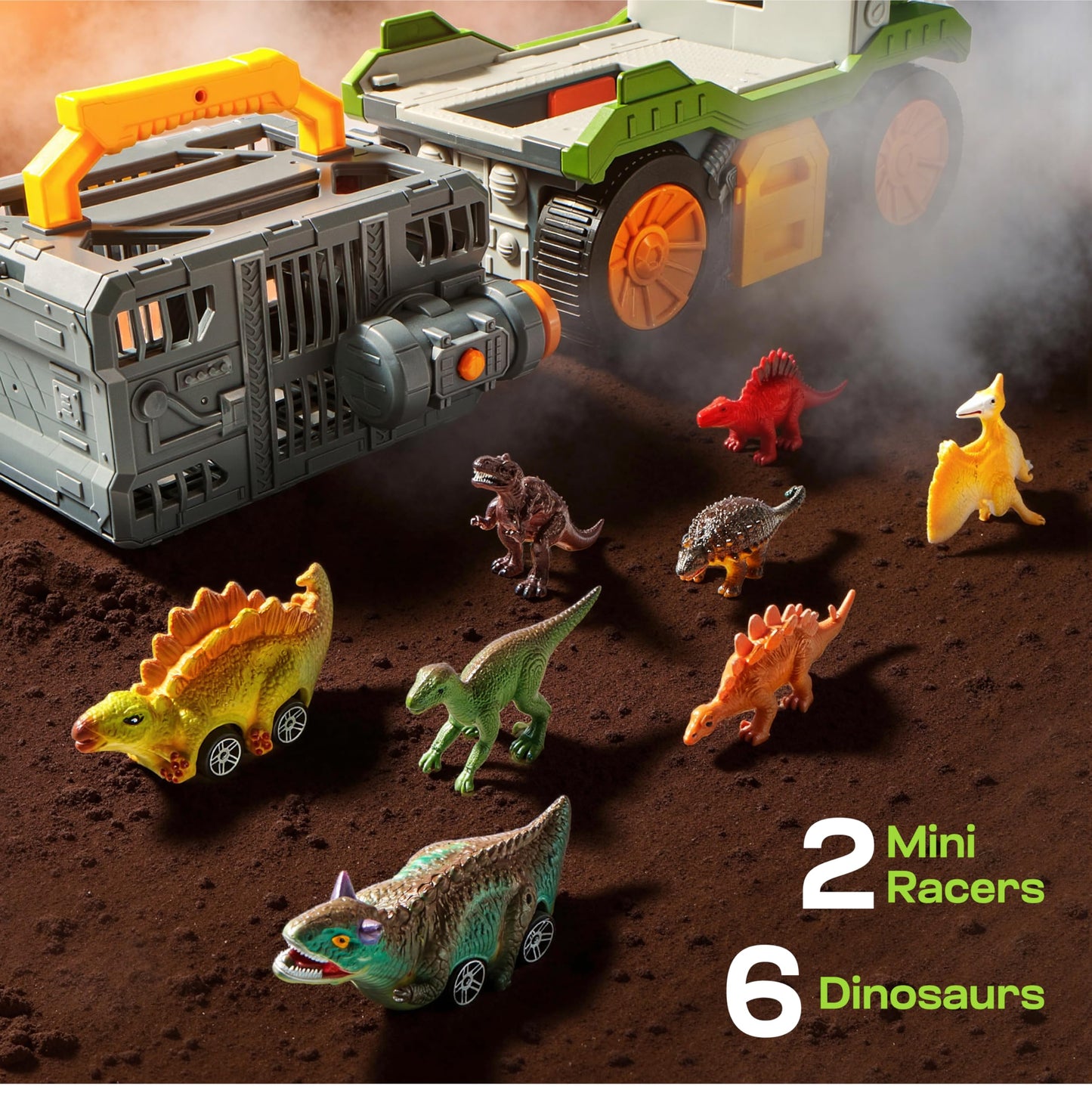 JOVA Vroomix Dinosaur Toys for Kids 3-5, Dinosaur Carrier Truck with 2 Pcs Cars and 6 Pcs Figures for Toddlers, T.Rex Truck with Launcher and Darts, Birthday Gifts Toys for 3 4 5+ Year Old Boy